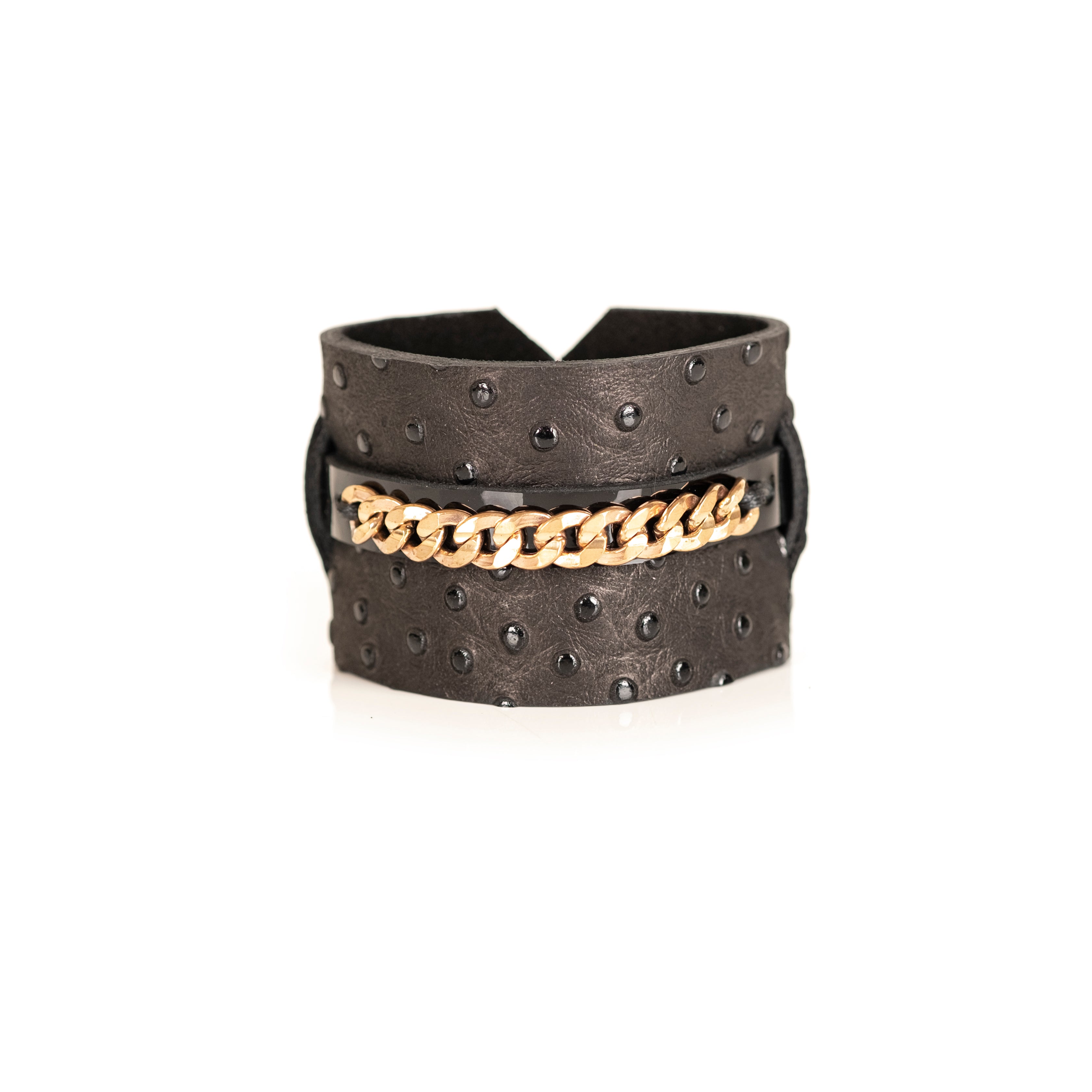 Brown ostrich leather cuff bracelet with gold chain centerpiece, handmade luxury leather bracelet by THE DARK