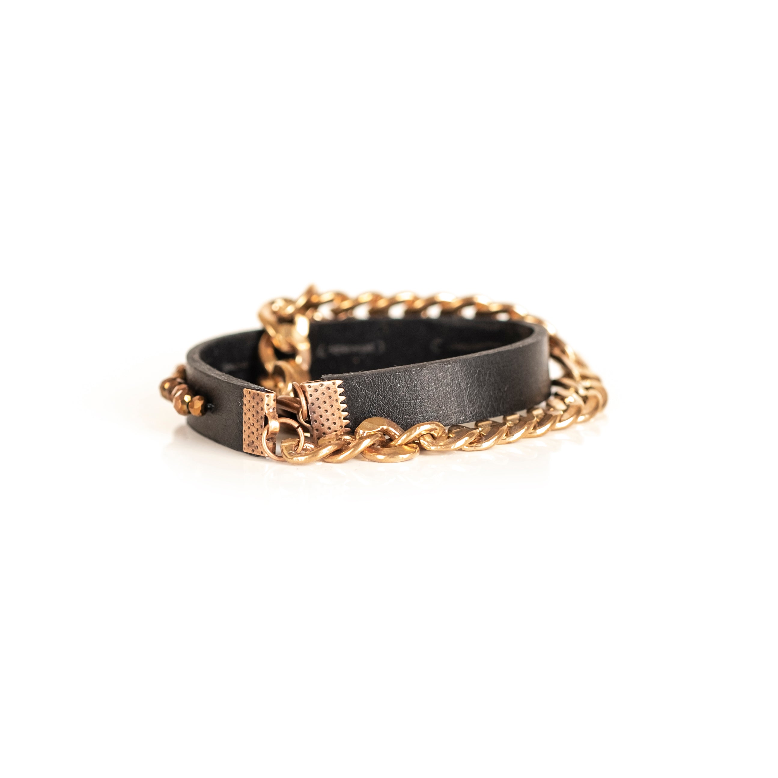 Black leather bracelet with gold chain and bronze faceted beads, handmade minimalist leather bracelet by THE DARK