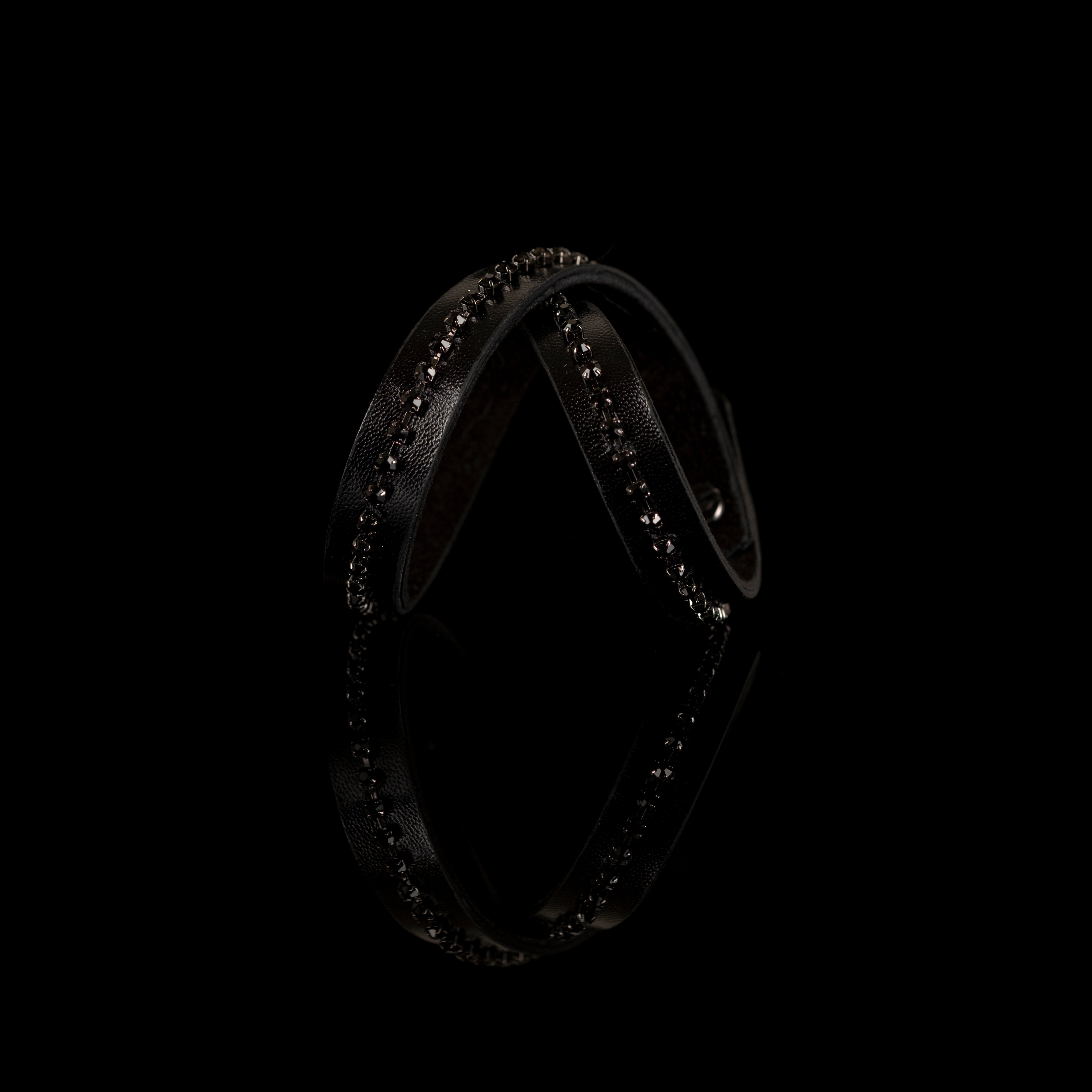 Black leather bracelet with black crystal edge detailing, handmade minimalist leather bracelet by THE DARK