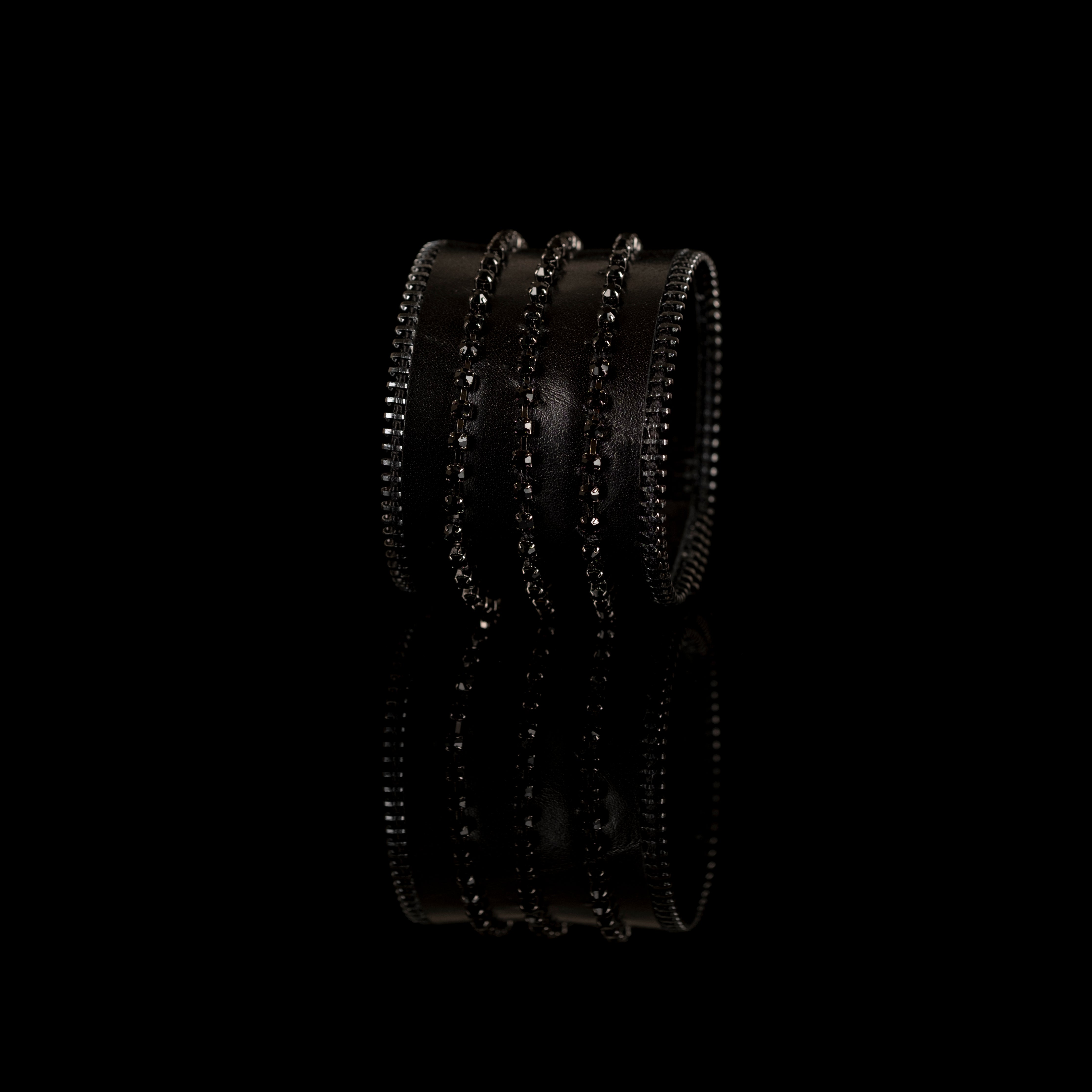 Black leather cuff bracelet with black crystal rows and zipper edges, handmade statement bracelet by THE DARK