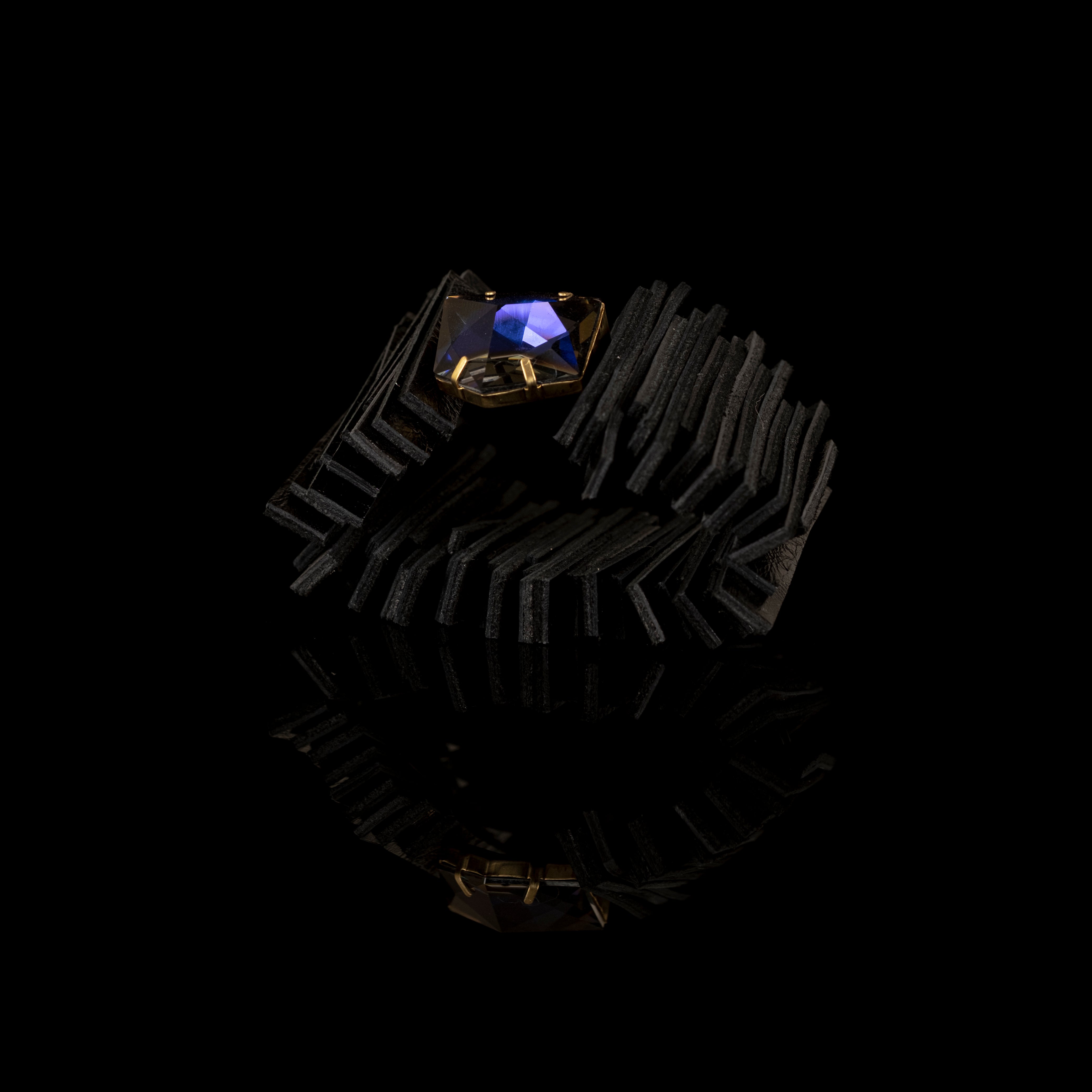 Black fringe leather bracelet with faceted crystal prism centerpiece, sculptural handmade statement cuff by THE DARK