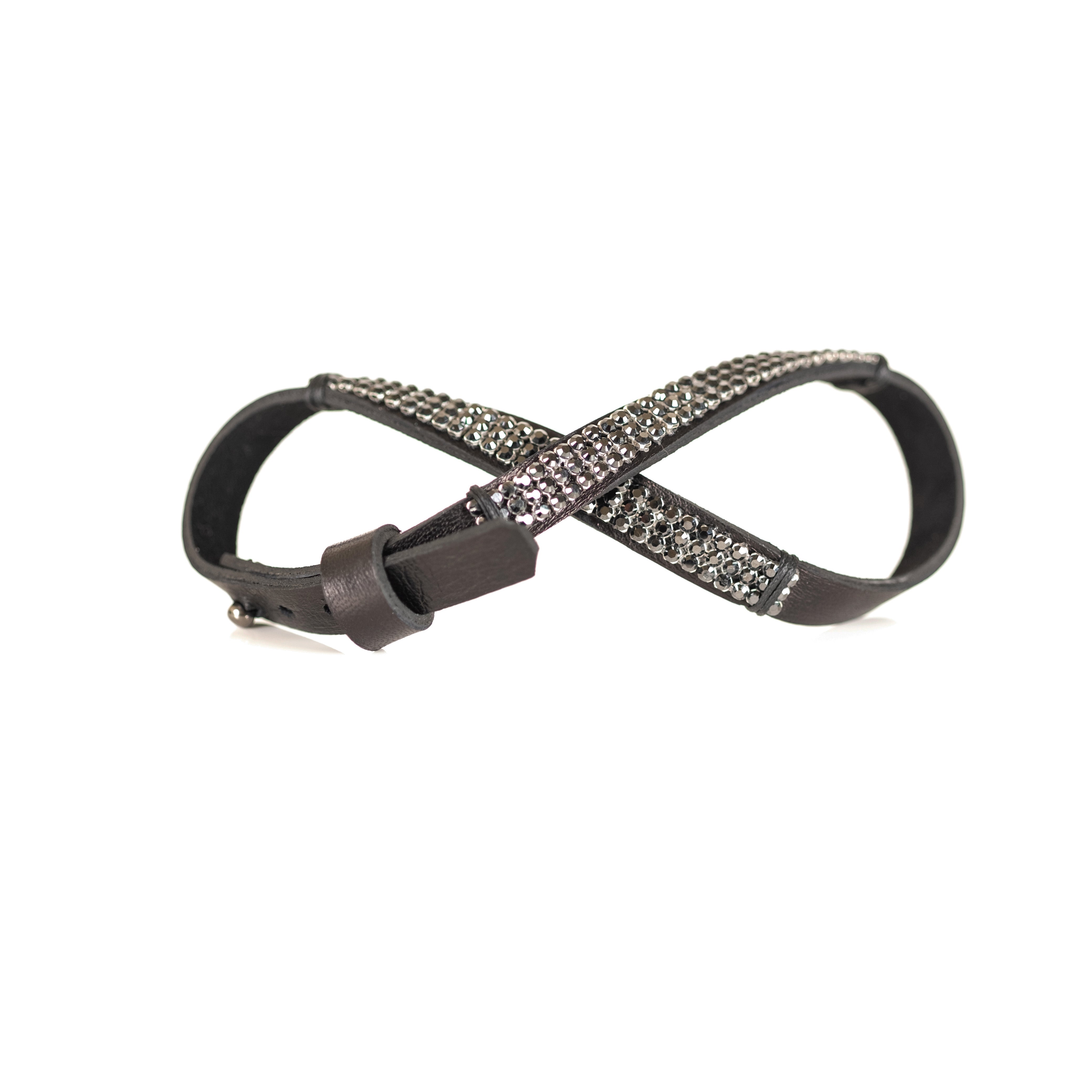 Grey leather bracelet with crystal pavé straps, handmade minimalist leather bracelet by THE DARK