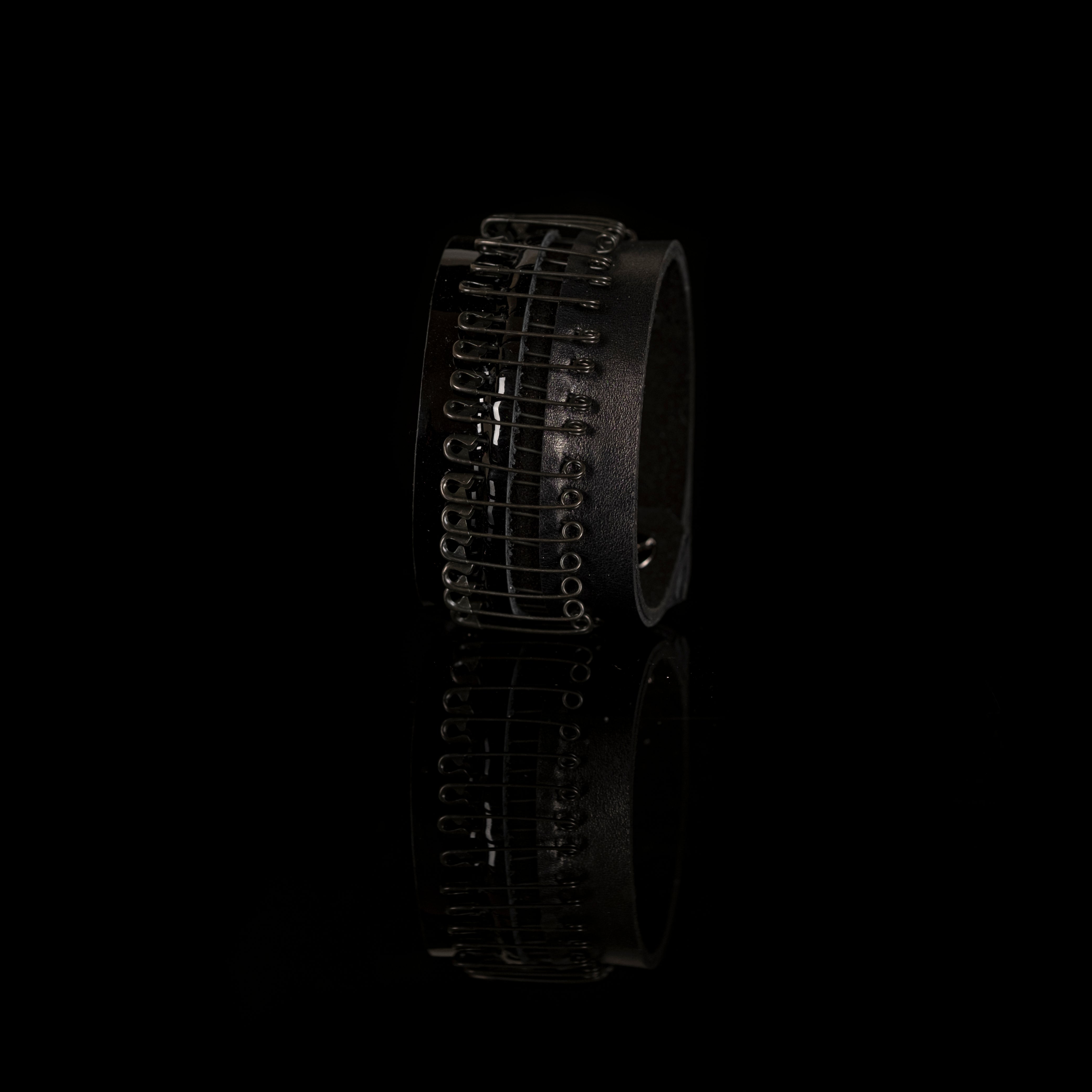 Black leather bracelet with industrial metal wire cage design, handmade avant-garde cuff by THE DARK
