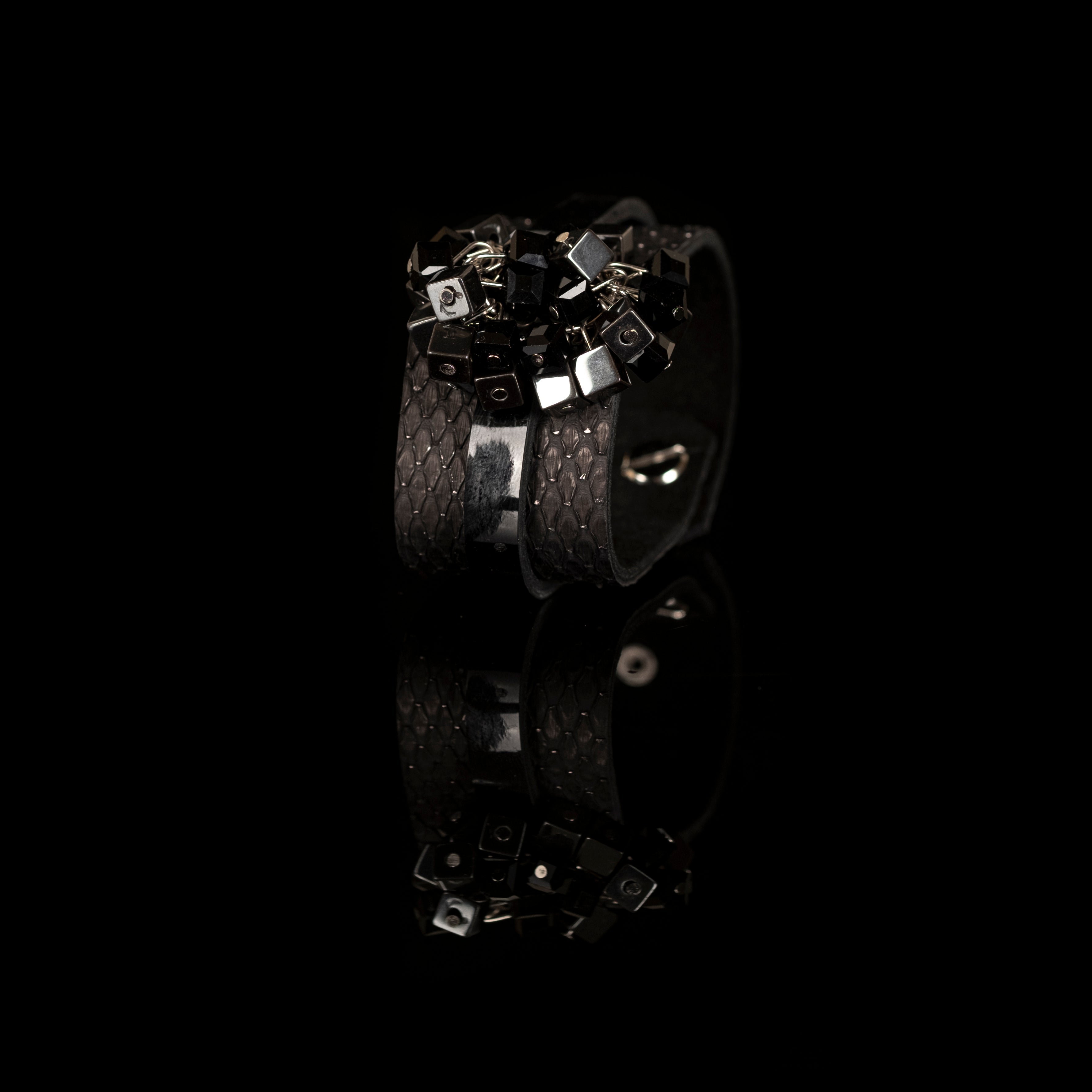 Black python leather cuff bracelet with geometric cube crystals and glossy leather band, handmade statement bracelet by THE DARK