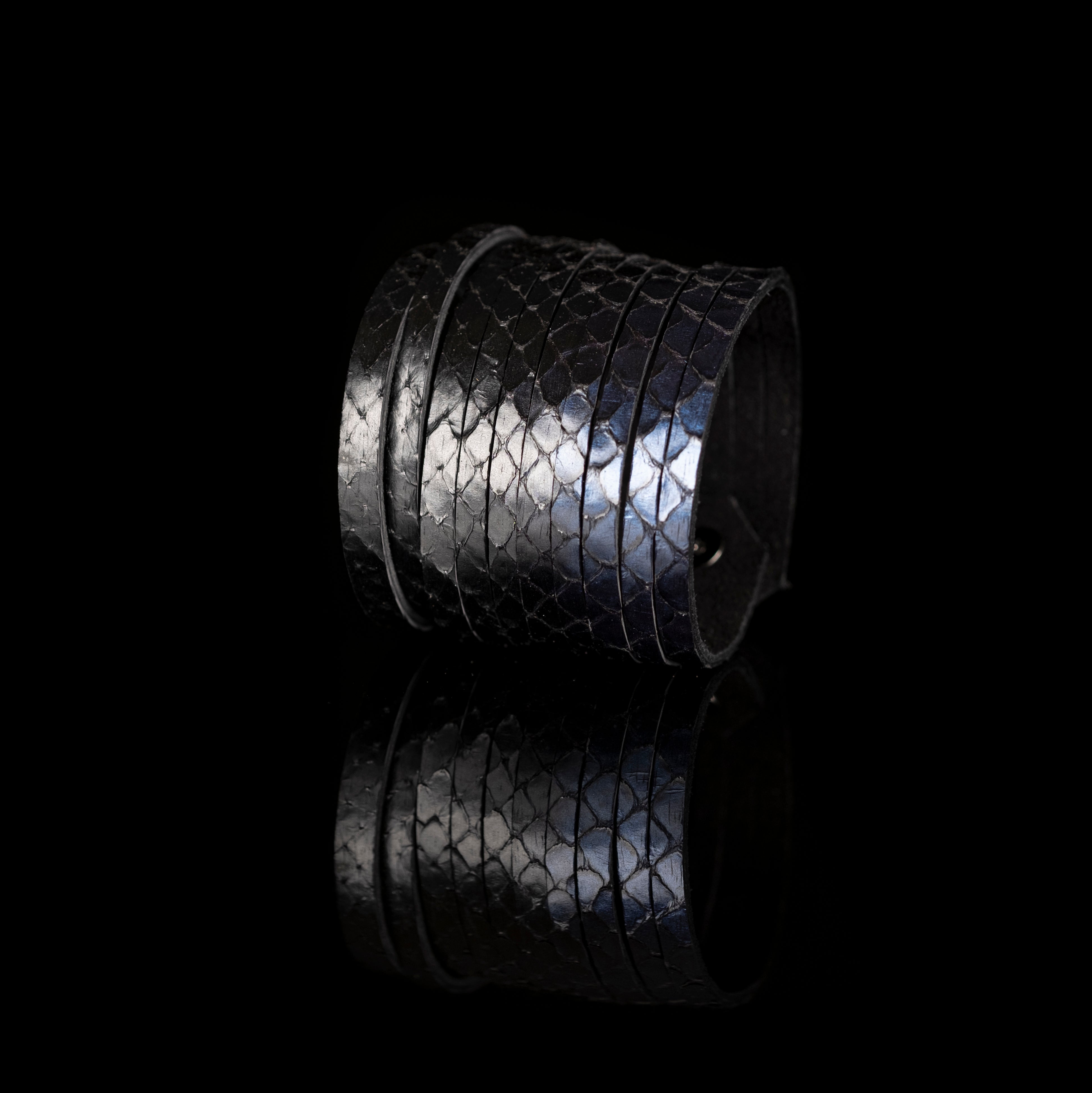 Black python leather wrap cuff bracelet with layered exotic scales, handmade statement bracelet by THE DARK