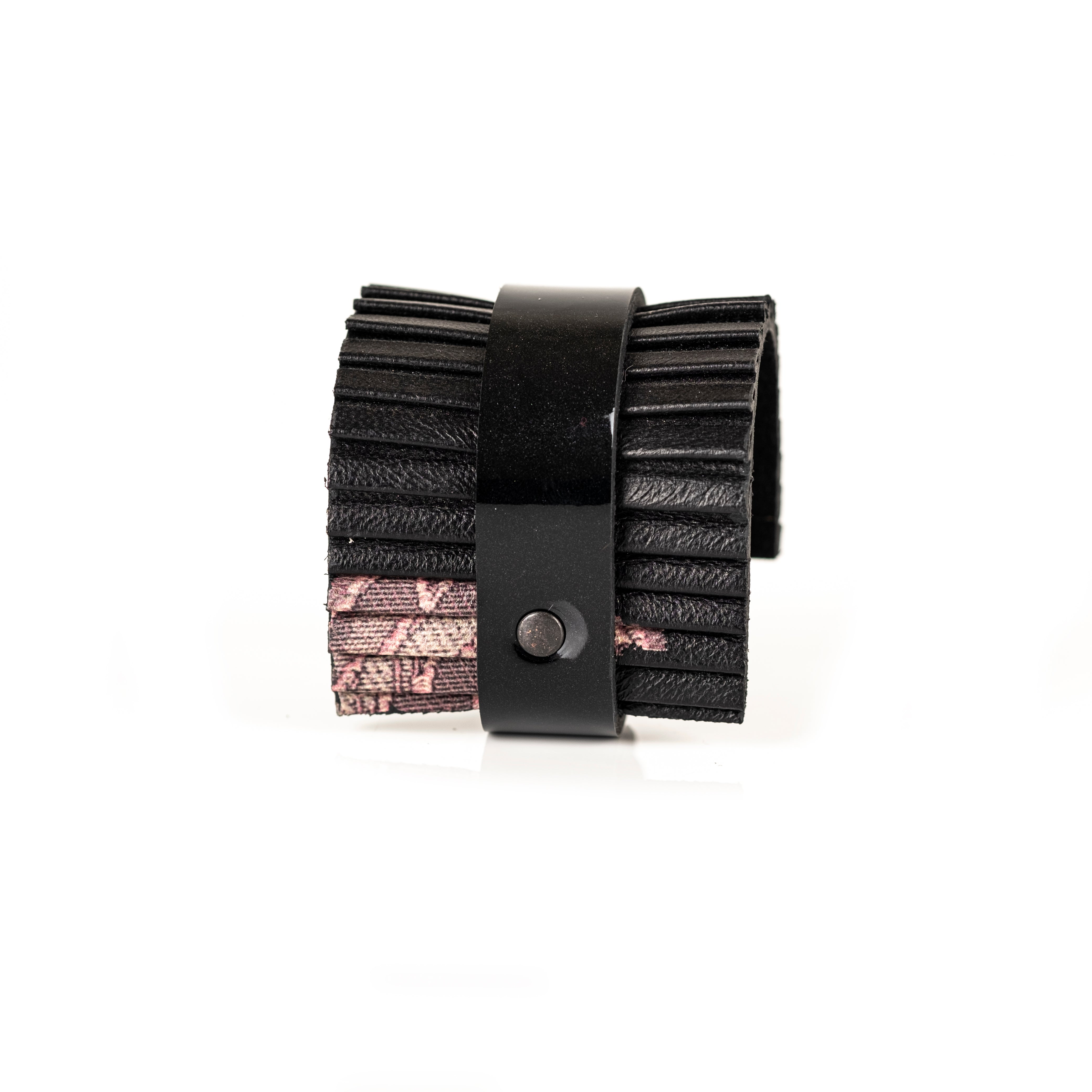 Black pleated leather cuff bracelet with layered textured panels, handmade architectural statement bracelet by THE DARK