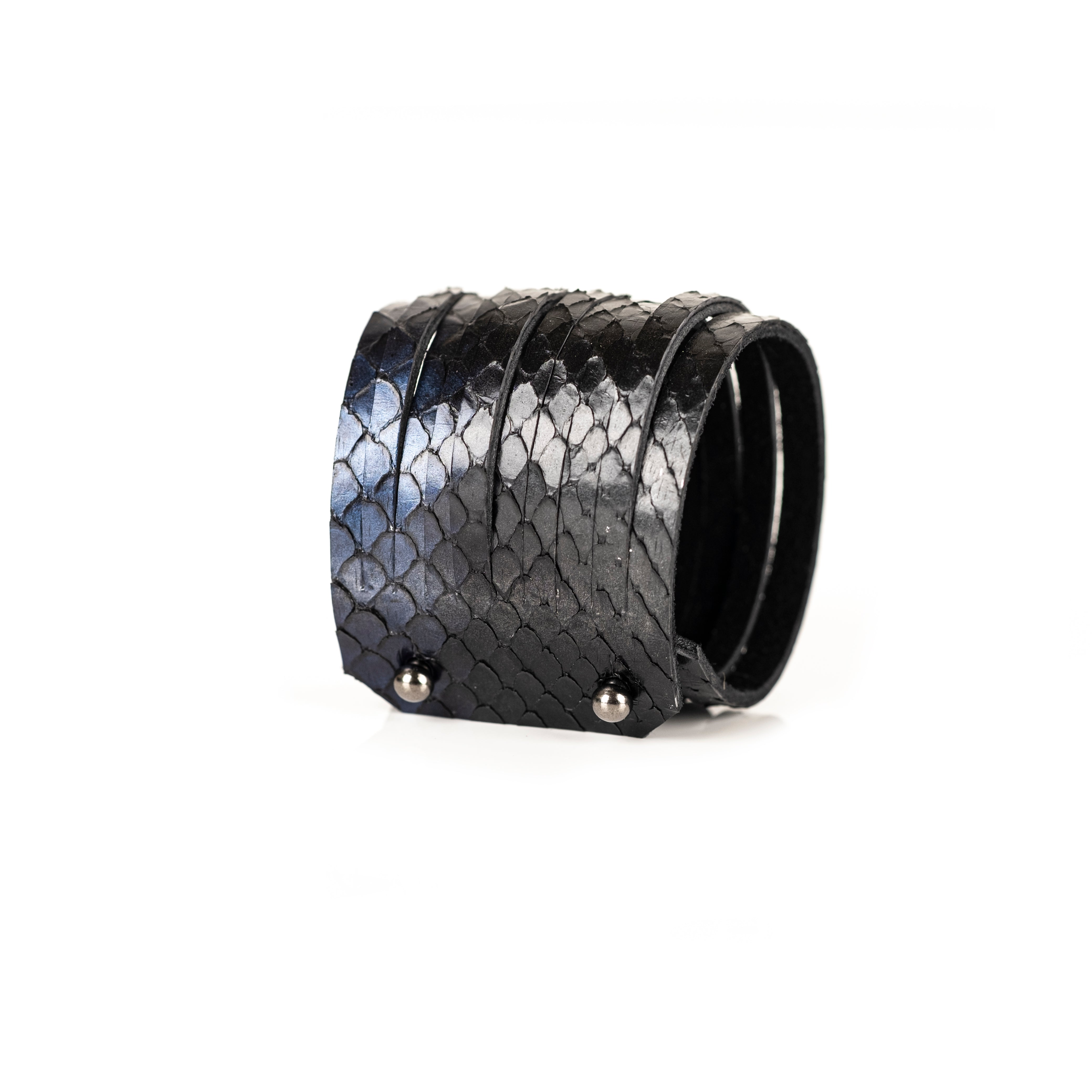 Black python leather wrap cuff bracelet with layered exotic scales, handmade statement bracelet by THE DARK