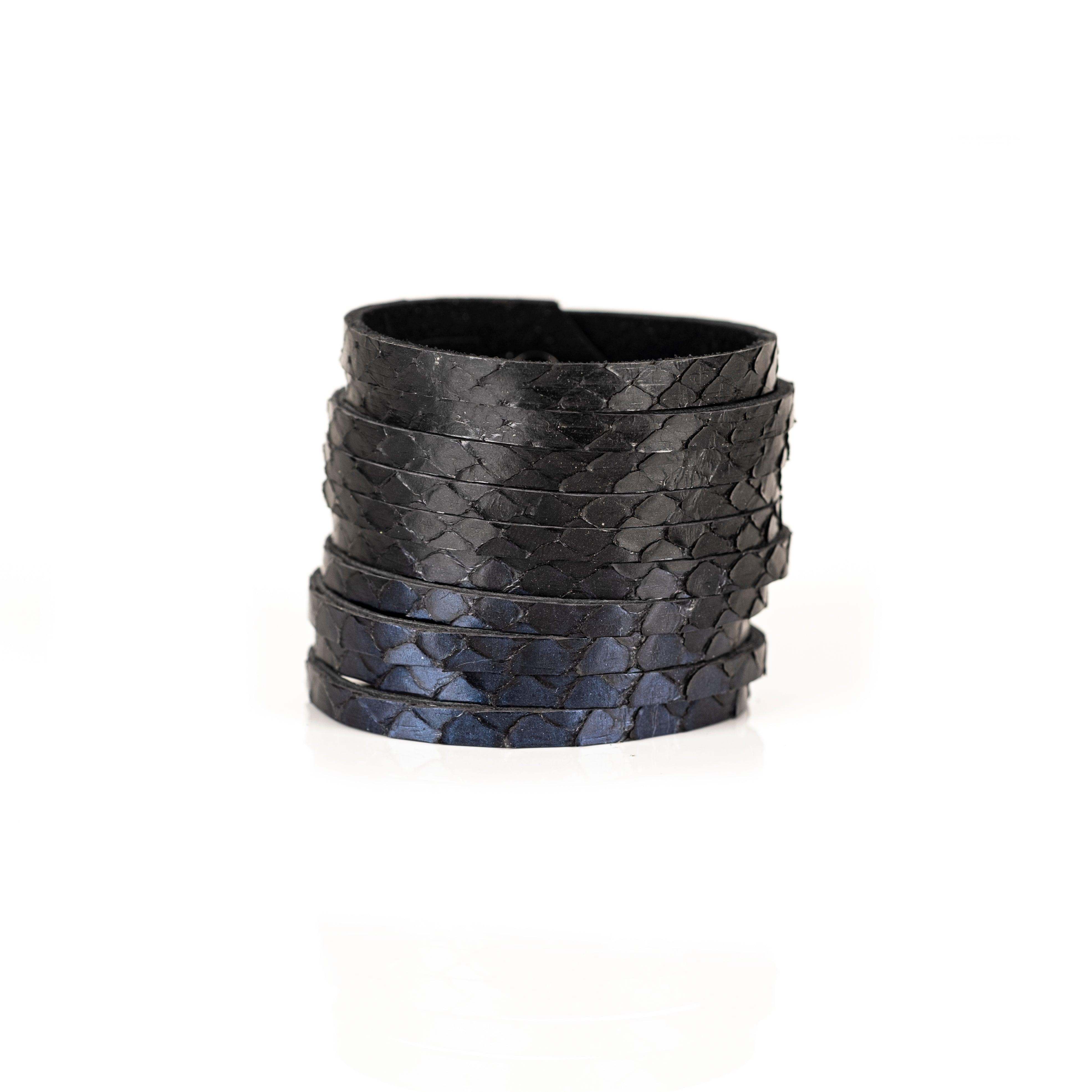 Black python leather wrap cuff bracelet with layered exotic scales, handmade statement bracelet by THE DARK
