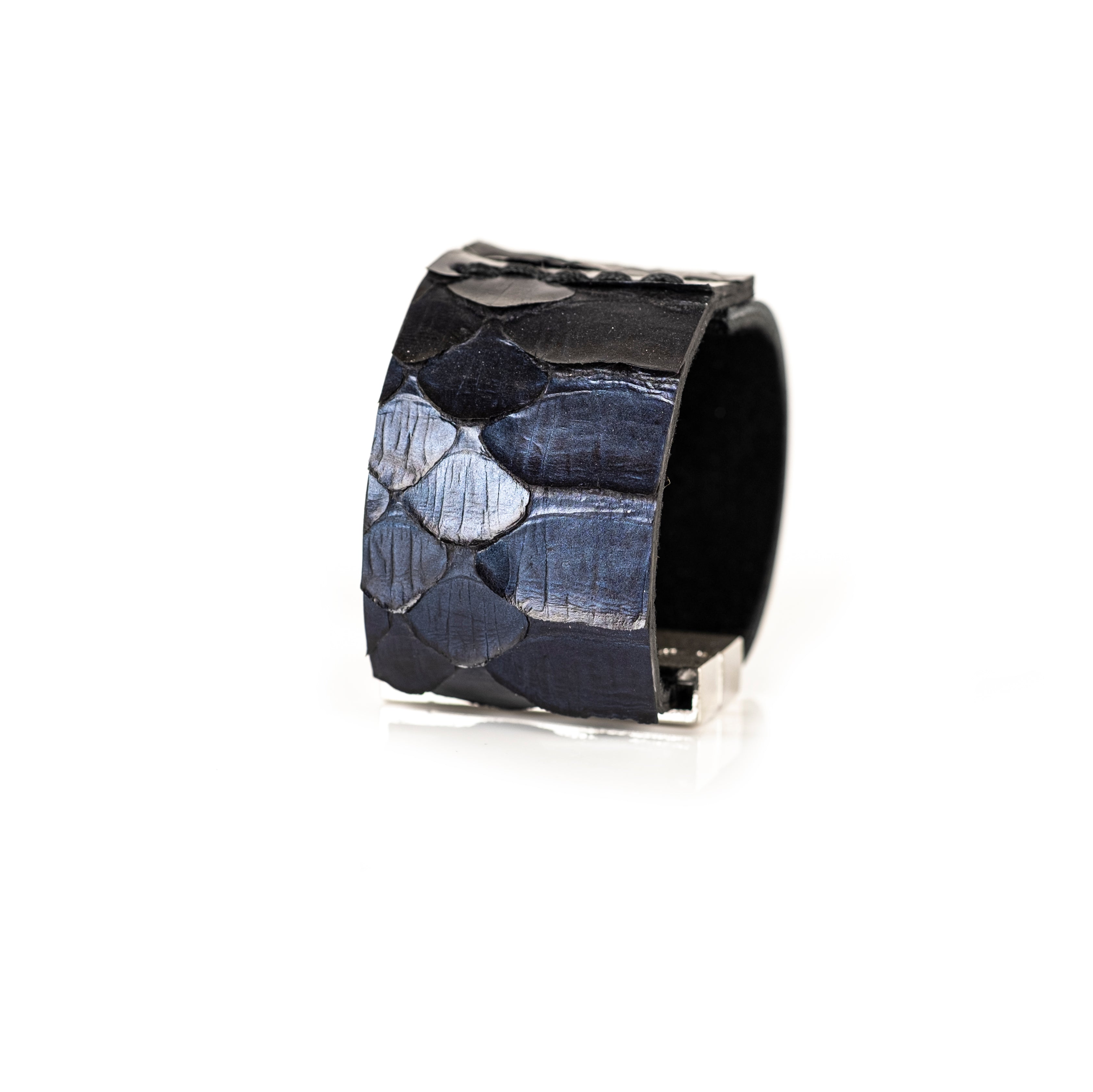 Midnight blue python leather cuff bracelet with natural scale texture, handmade exotic statement cuff by THE DARK