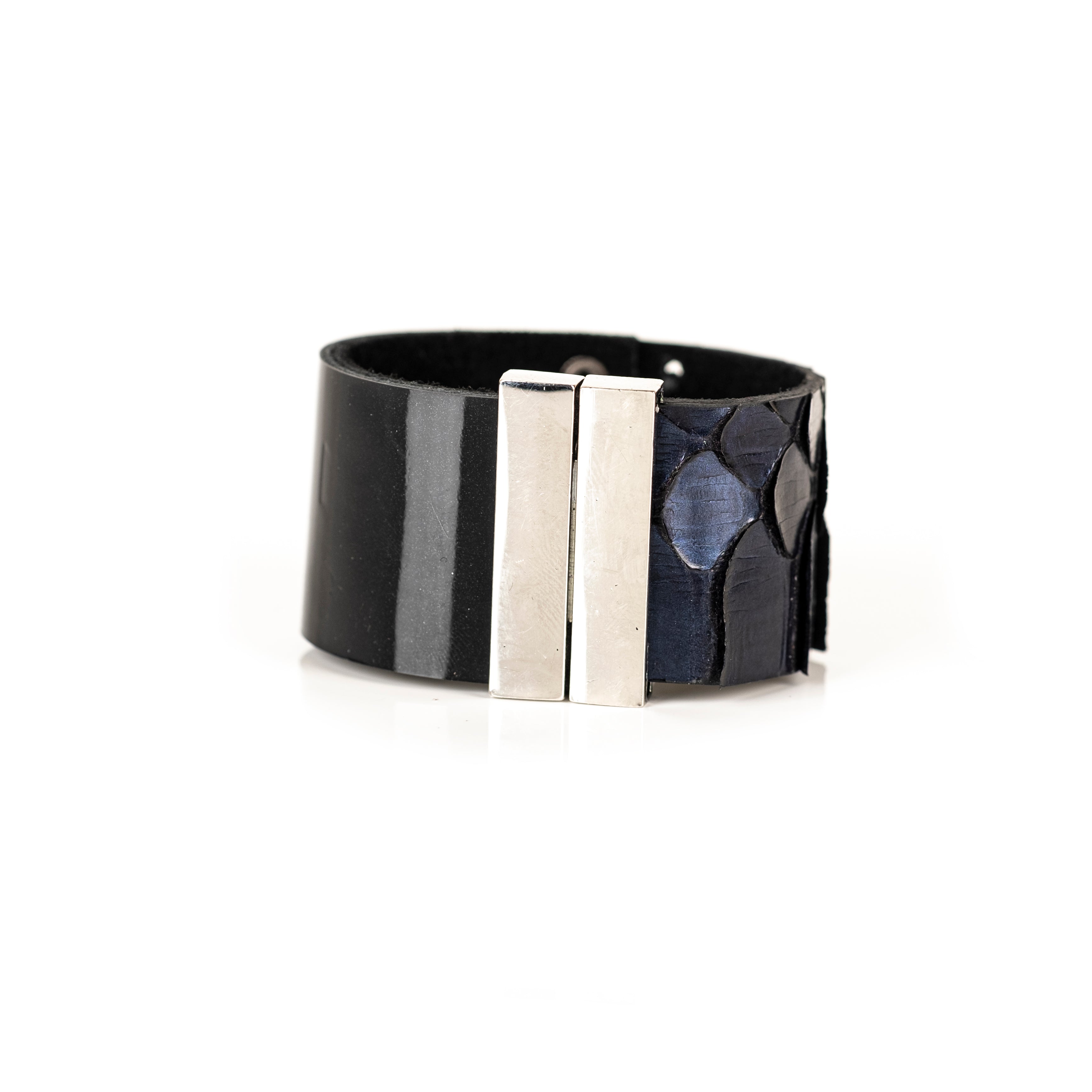 Midnight blue python leather cuff bracelet with natural scale texture, handmade exotic statement cuff by THE DARK