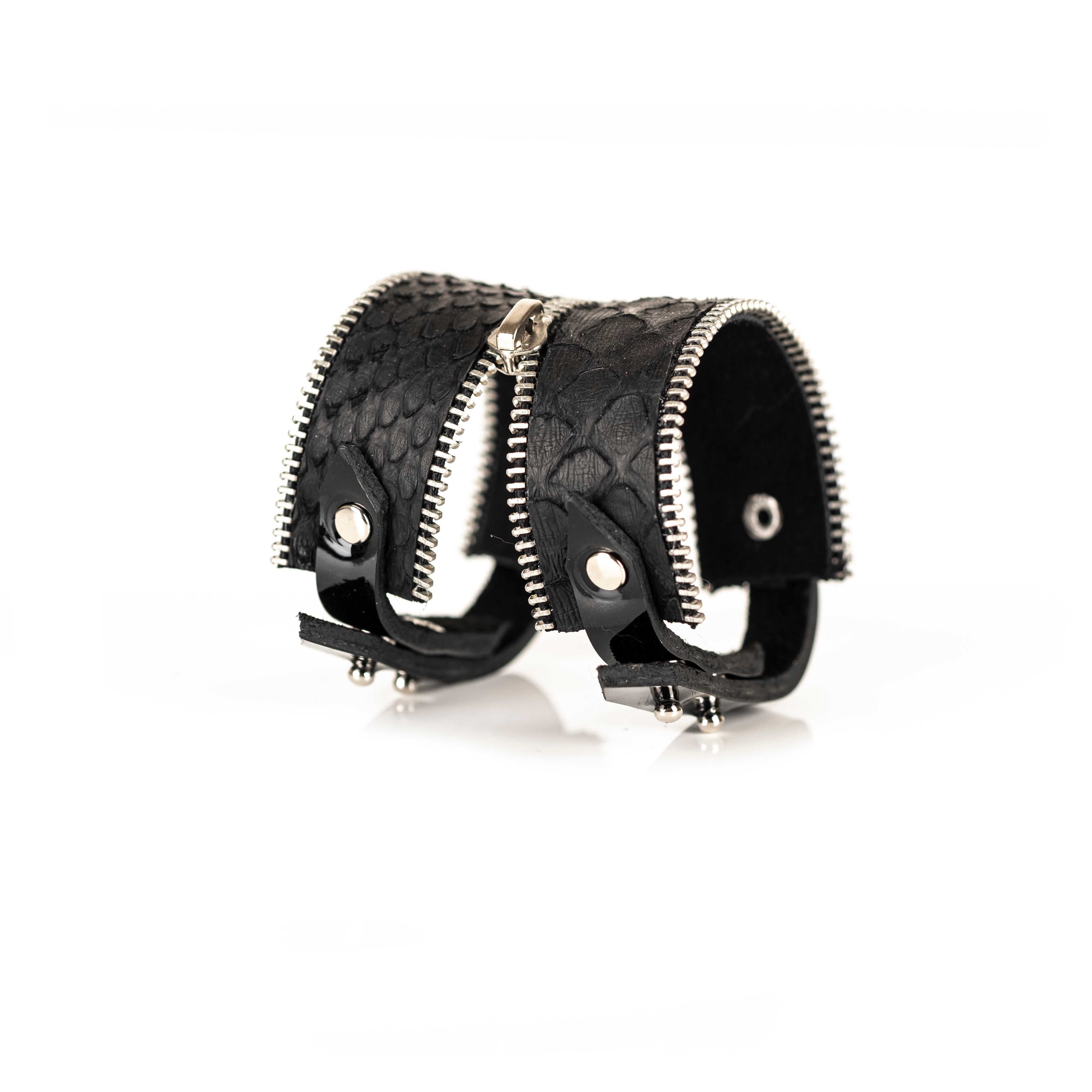 Black python leather bracelet with silver zipper details and double strap design, handmade exotic leather bracelet by THE DARK