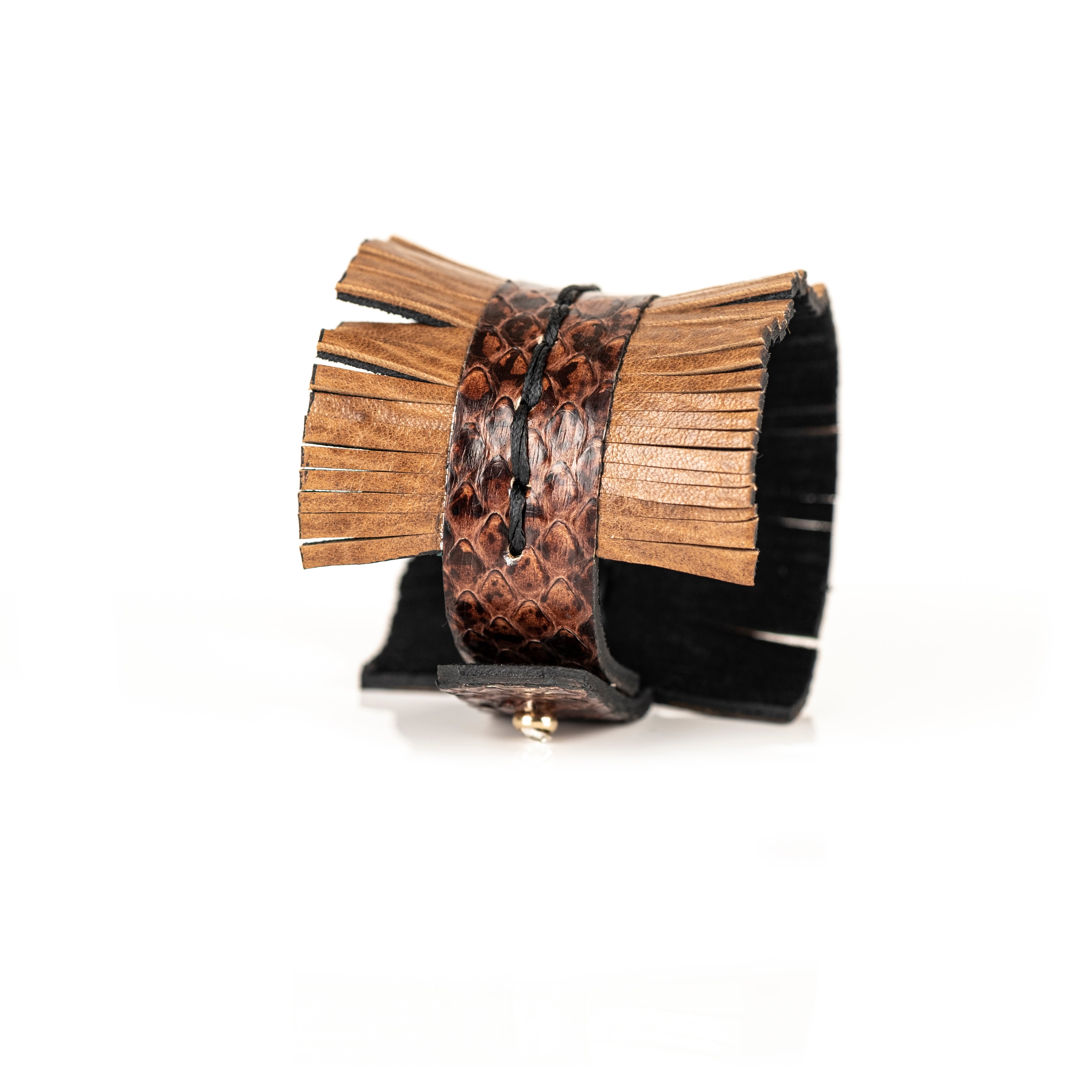 Tan leather fringe cuff bracelet with brown python leather center and braided detail, handmade statement bracelet by THE DARK