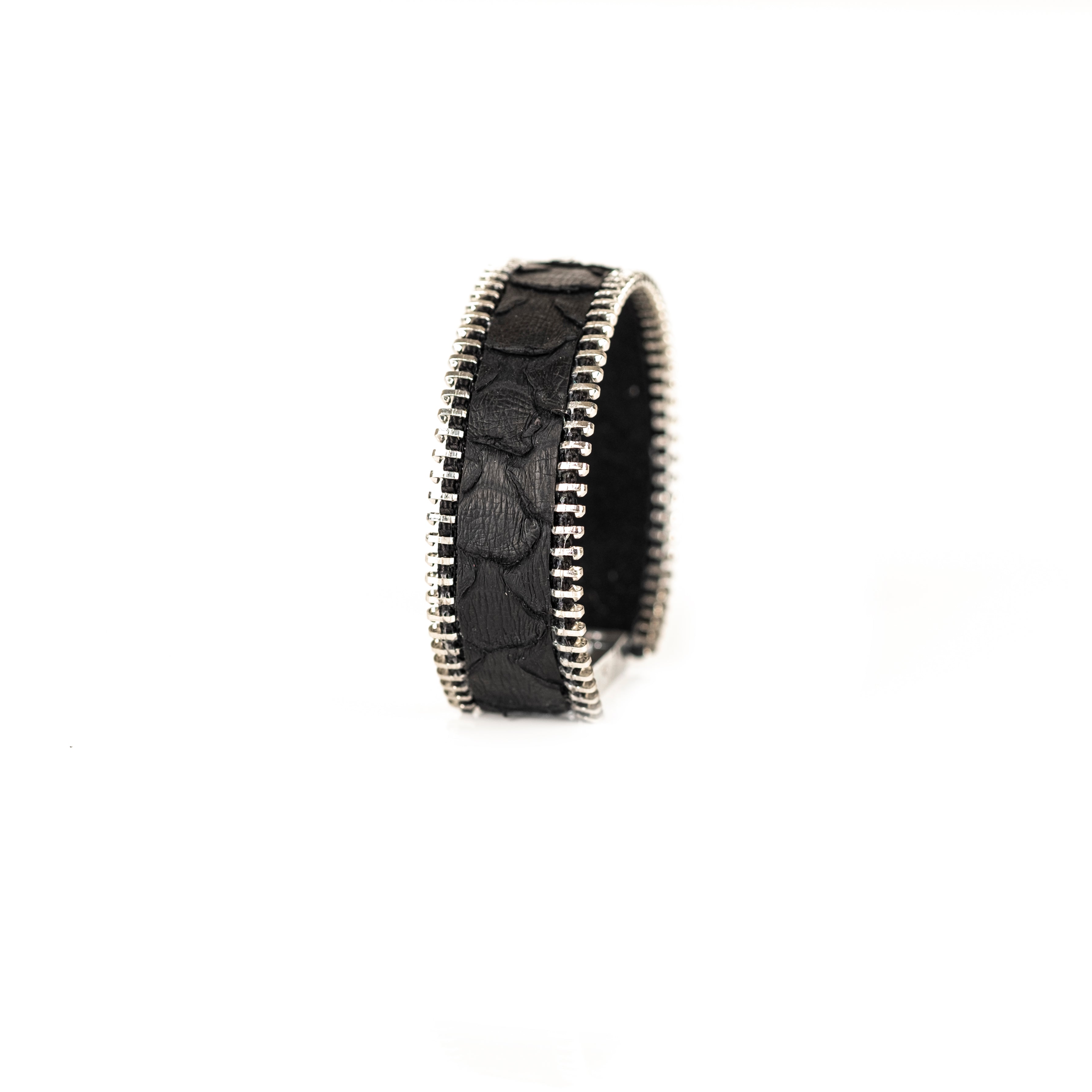 Black python leather cuff bracelet with silver zipper edges, handmade luxury leather bracelet by THE DARK