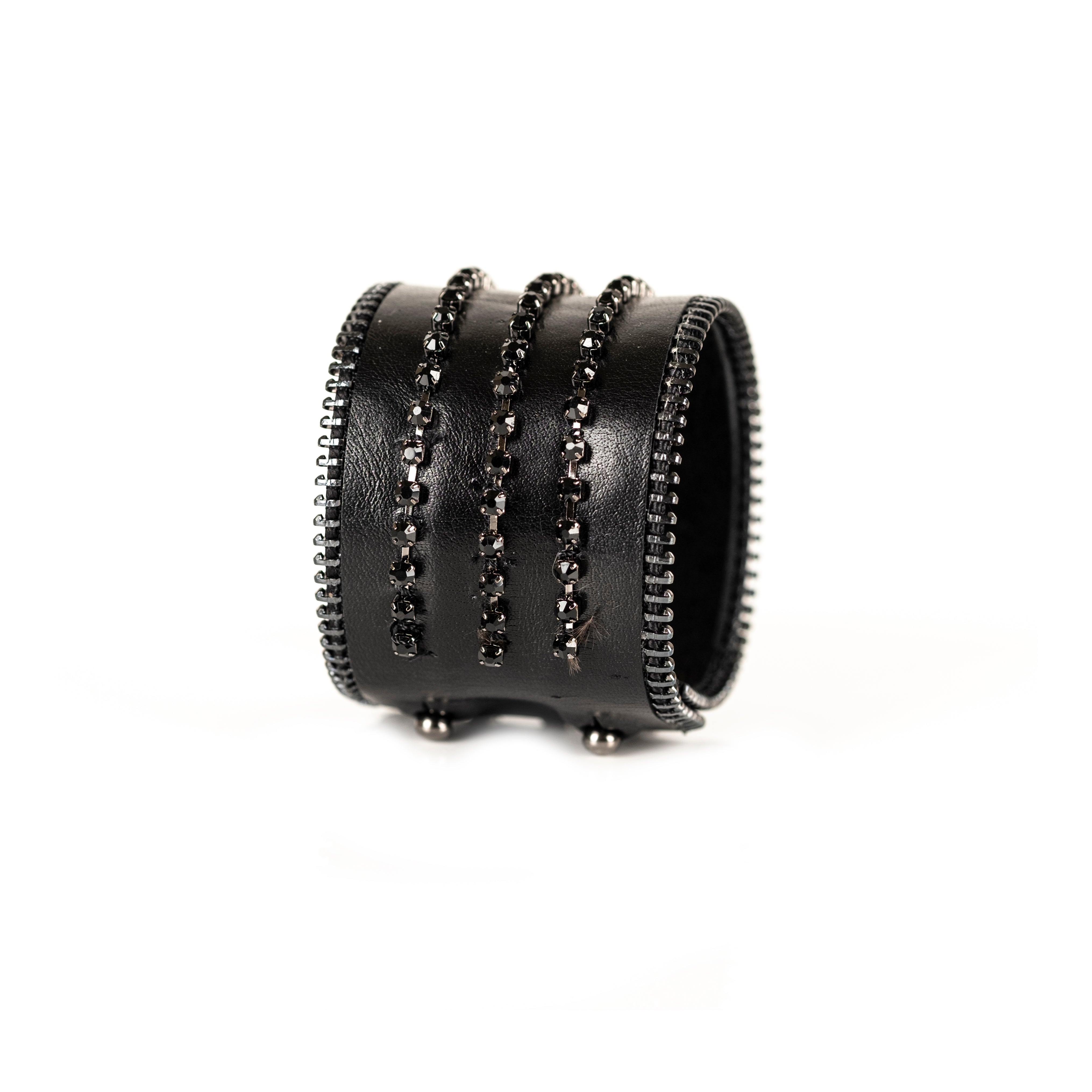 Black leather cuff bracelet with black crystal rows and zipper edges, handmade statement bracelet by THE DARK