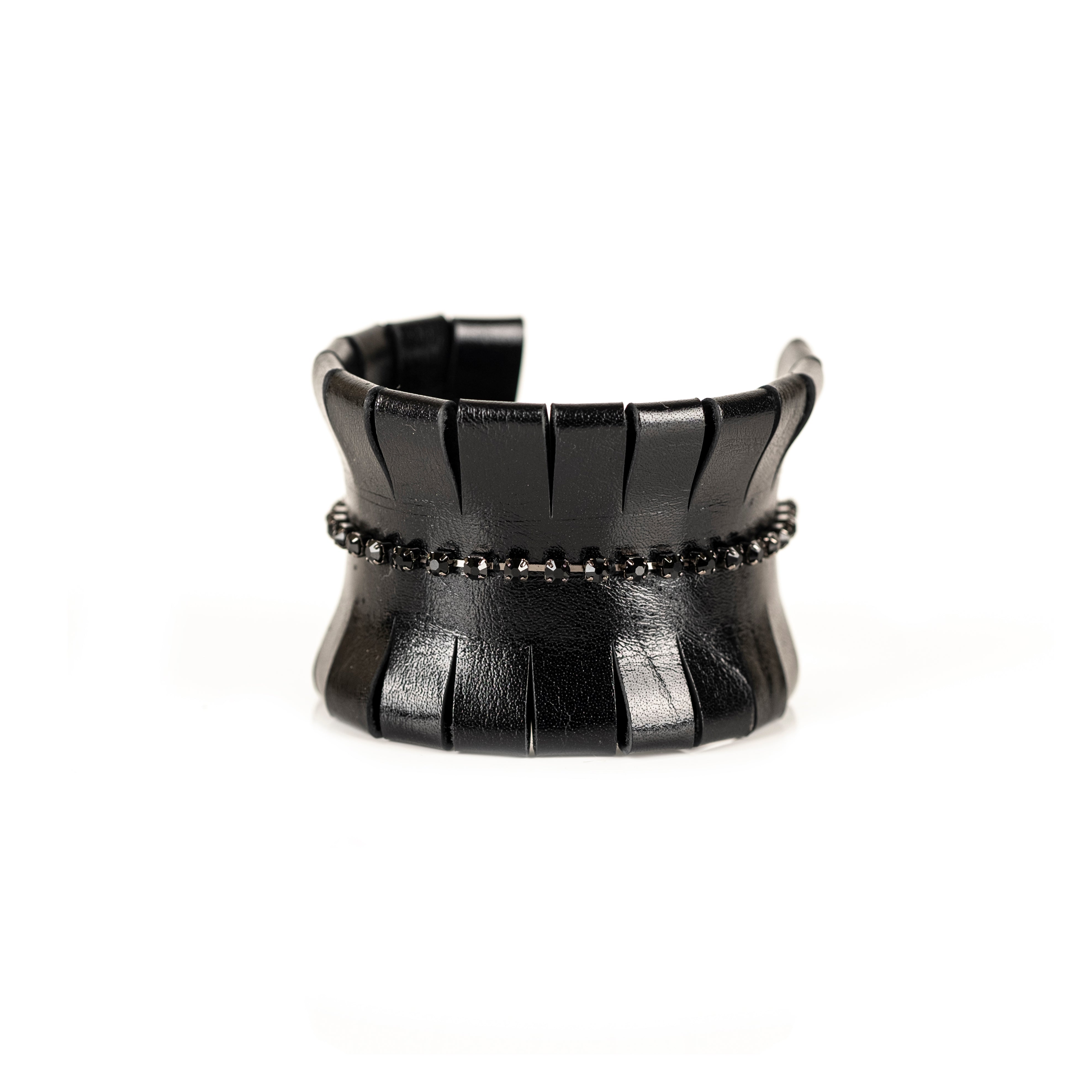 Black patent leather cuff bracelet with central black crystal chain, handmade statement leather bracelet by THE DARK