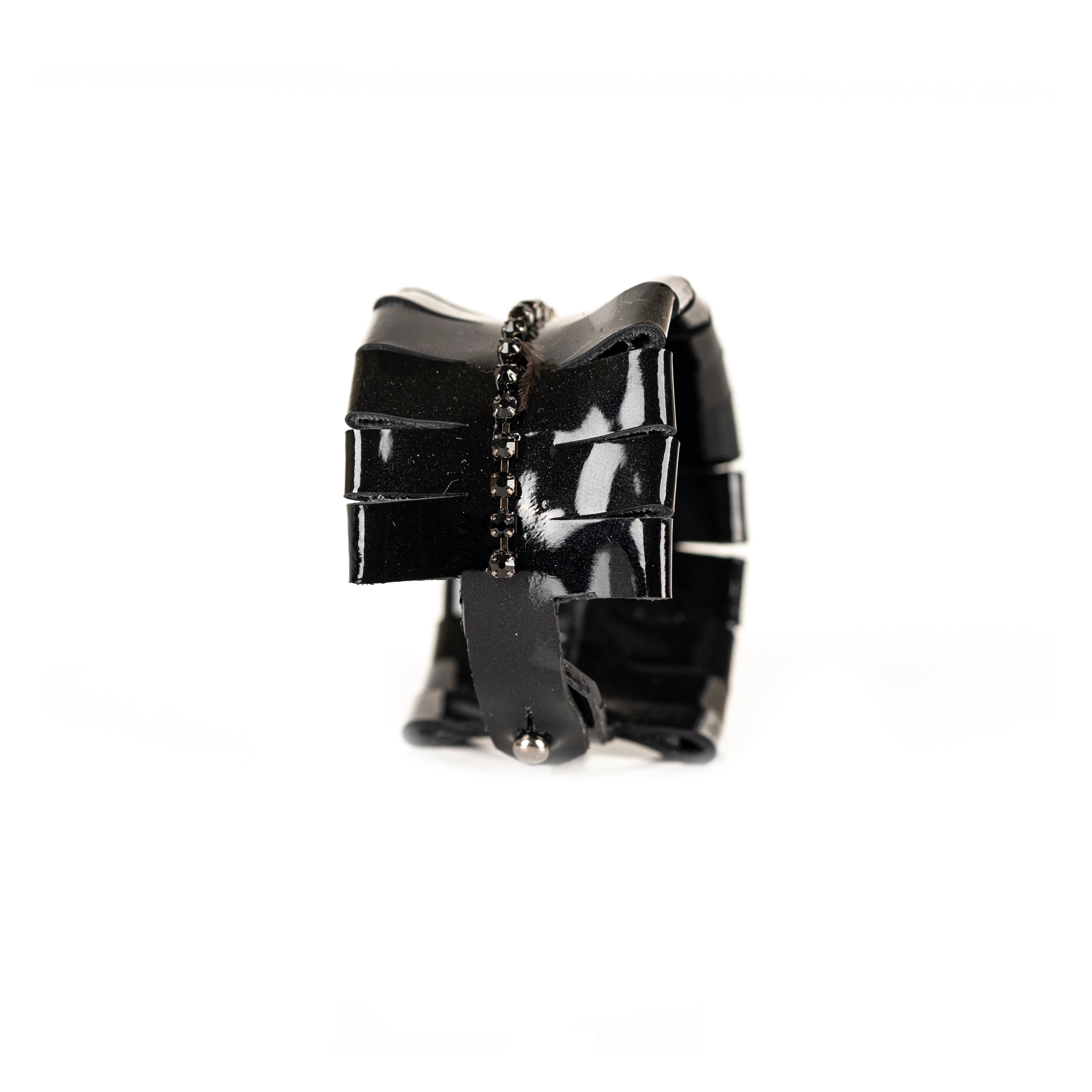 Black patent leather cuff bracelet with vertical black crystal chain detail, handmade statement leather bracelet by THE DARK