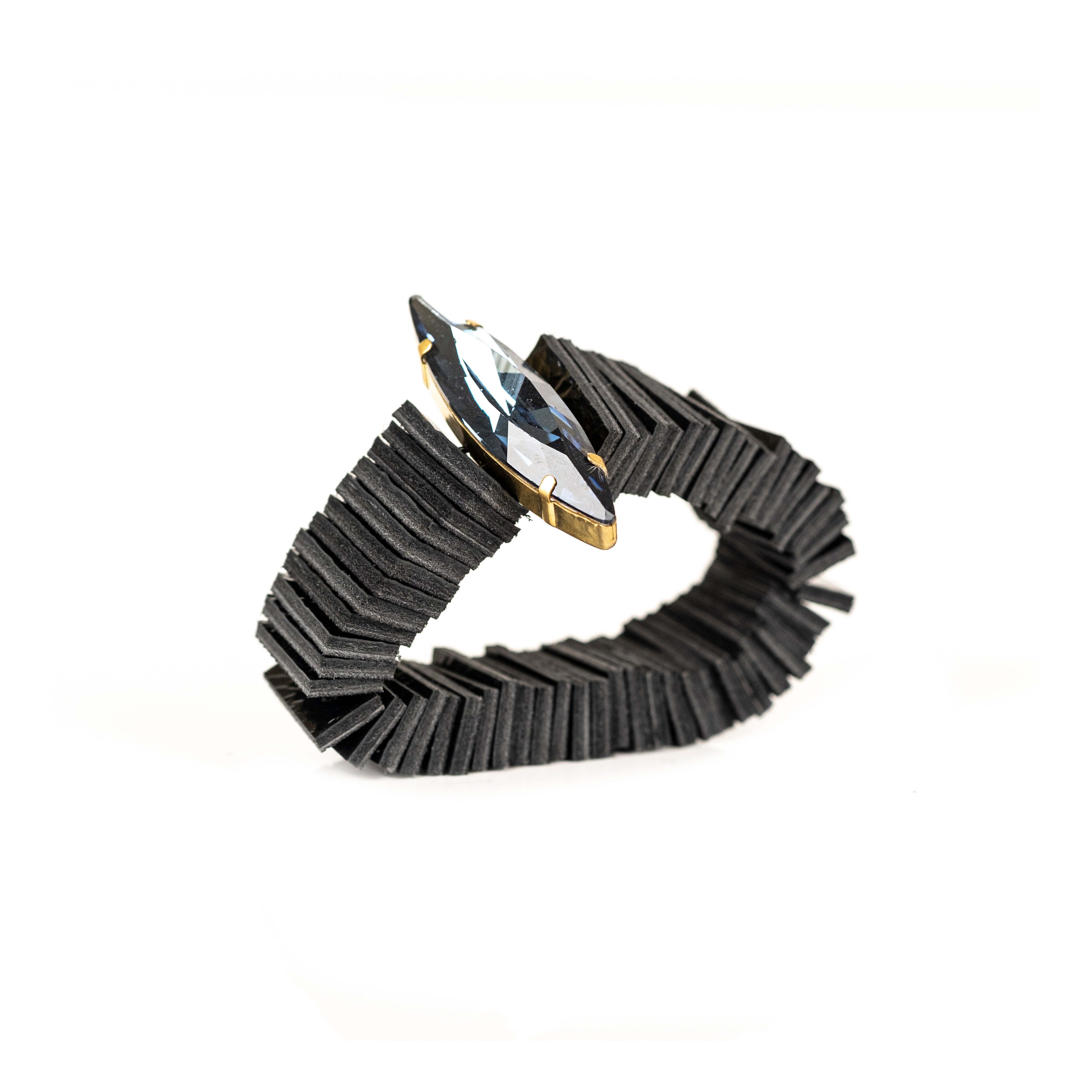 Black layered fringe leather bracelet with marquise crystal centerpiece and gold setting, handmade statement cuff by THE DARK