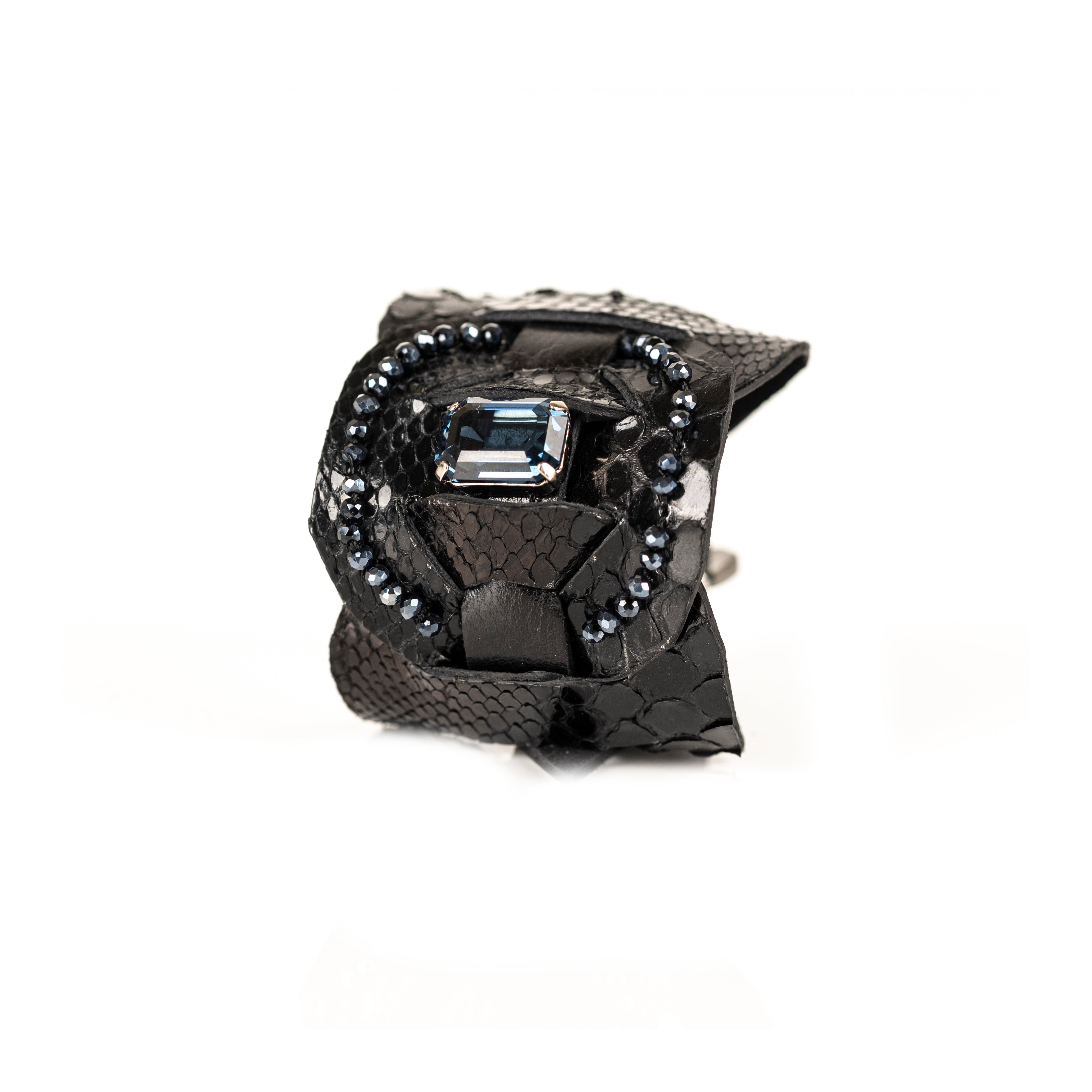 Black python leather cuff with blue crystal centerpiece and bead trim, handmade statement bracelet by THE DARK