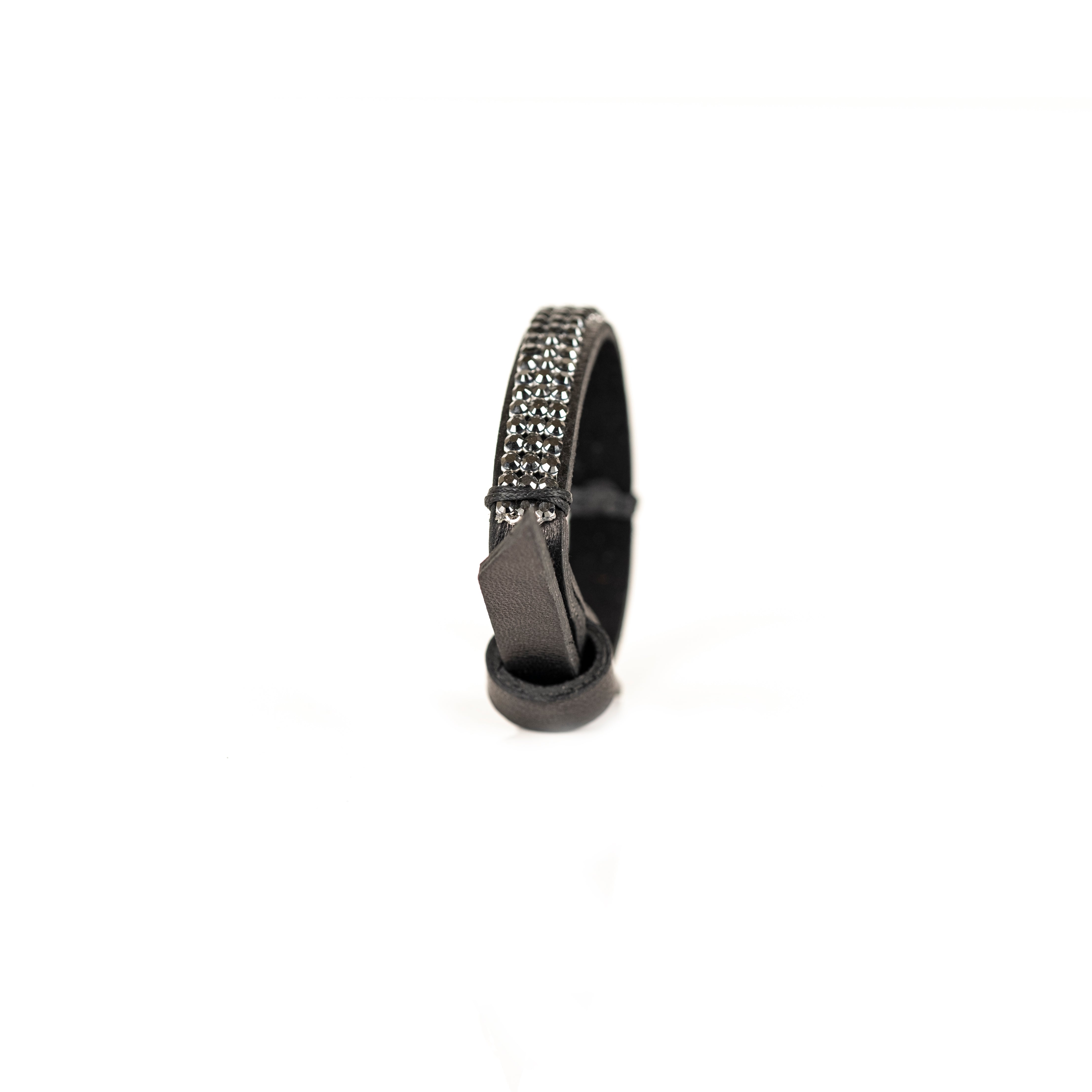 Black leather bracelet with gunmetal crystal studs, handmade minimalist statement bracelet by THE DARK