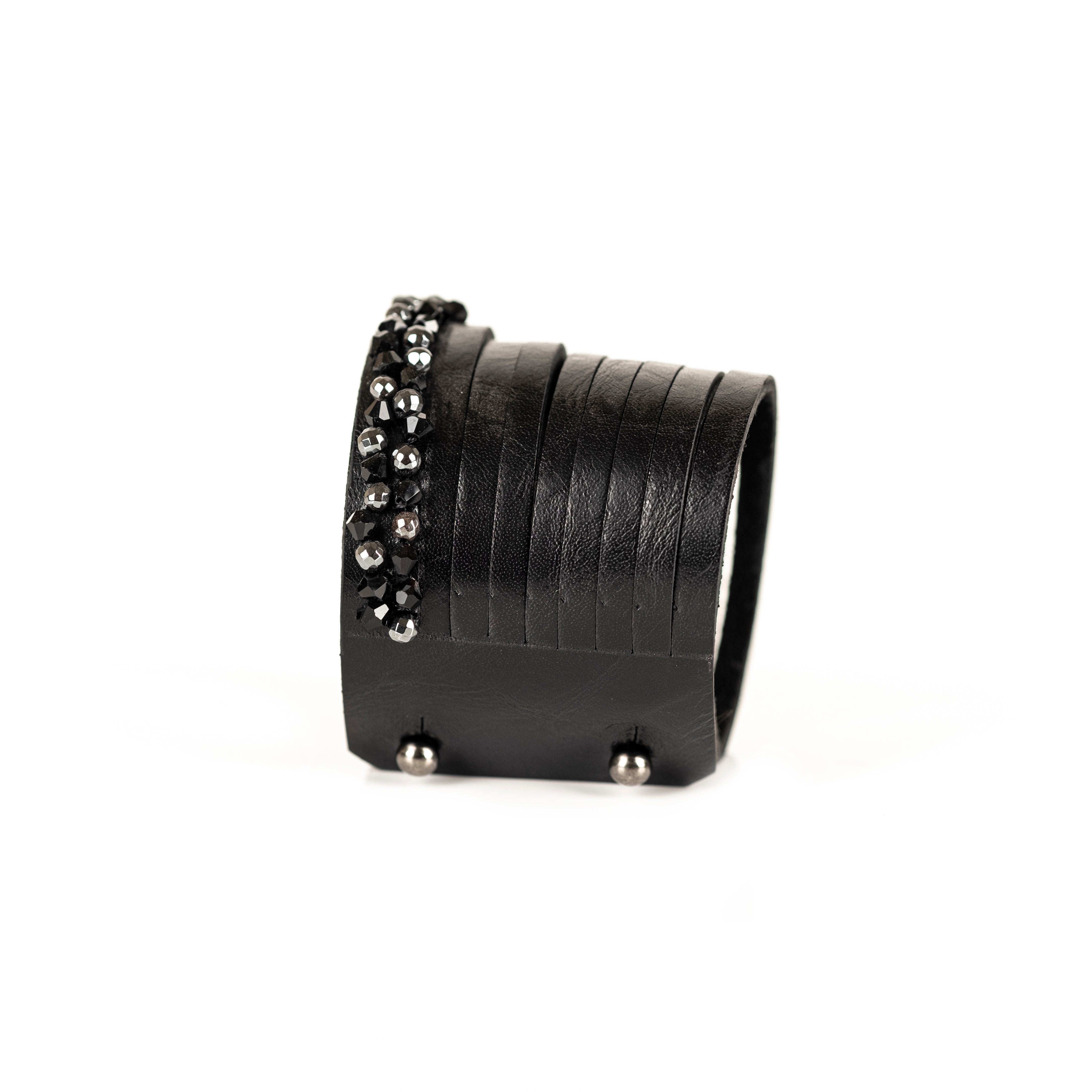 Layered black leather cuff bracelet with faceted crystal edge detailing, handmade statement bracelet by THE DARK