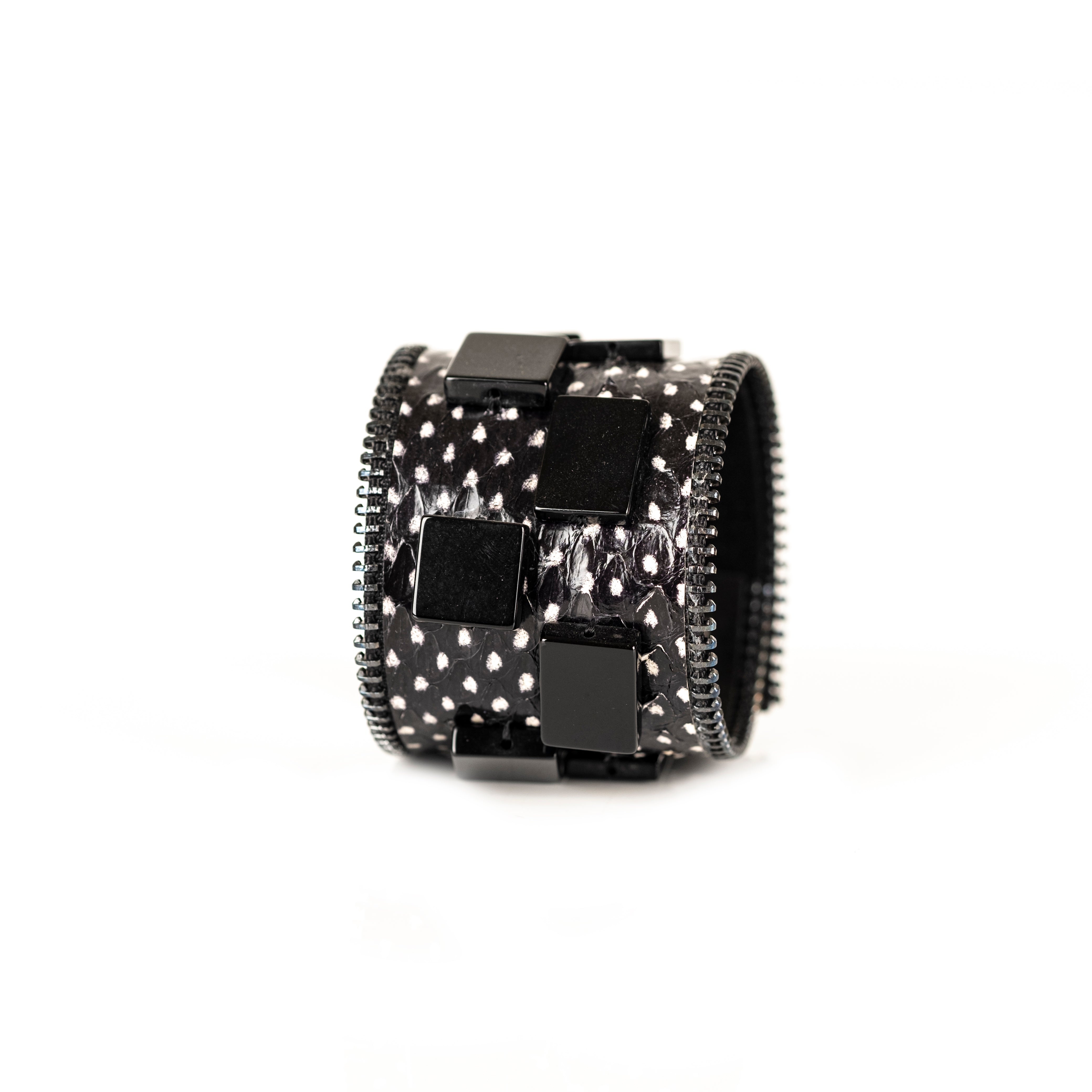 Black stingray leather cuff bracelet with geometric black metal squares, handmade exotic leather bracelet by THE DARK