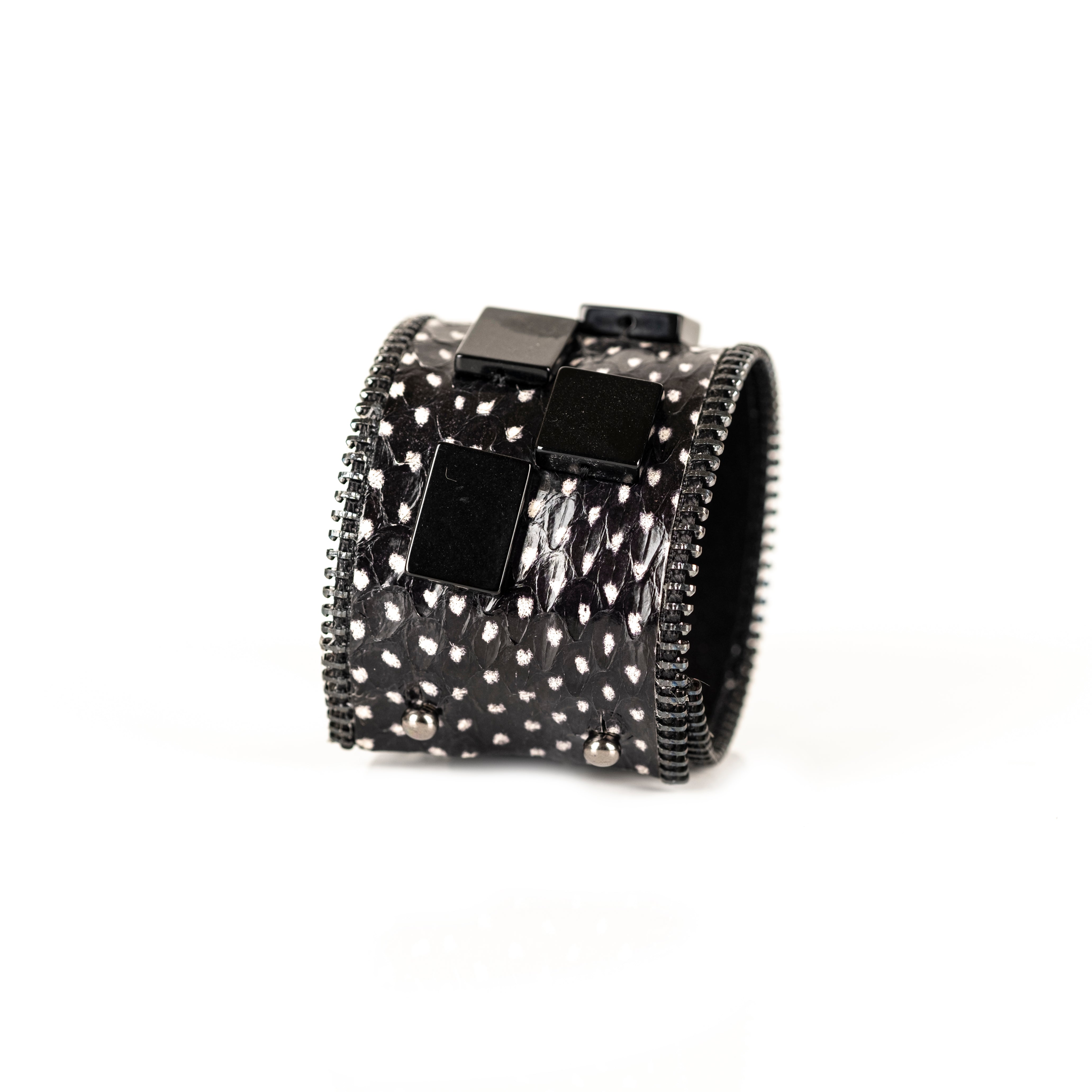 Black stingray leather cuff bracelet with geometric black metal squares, handmade exotic leather bracelet by THE DARK