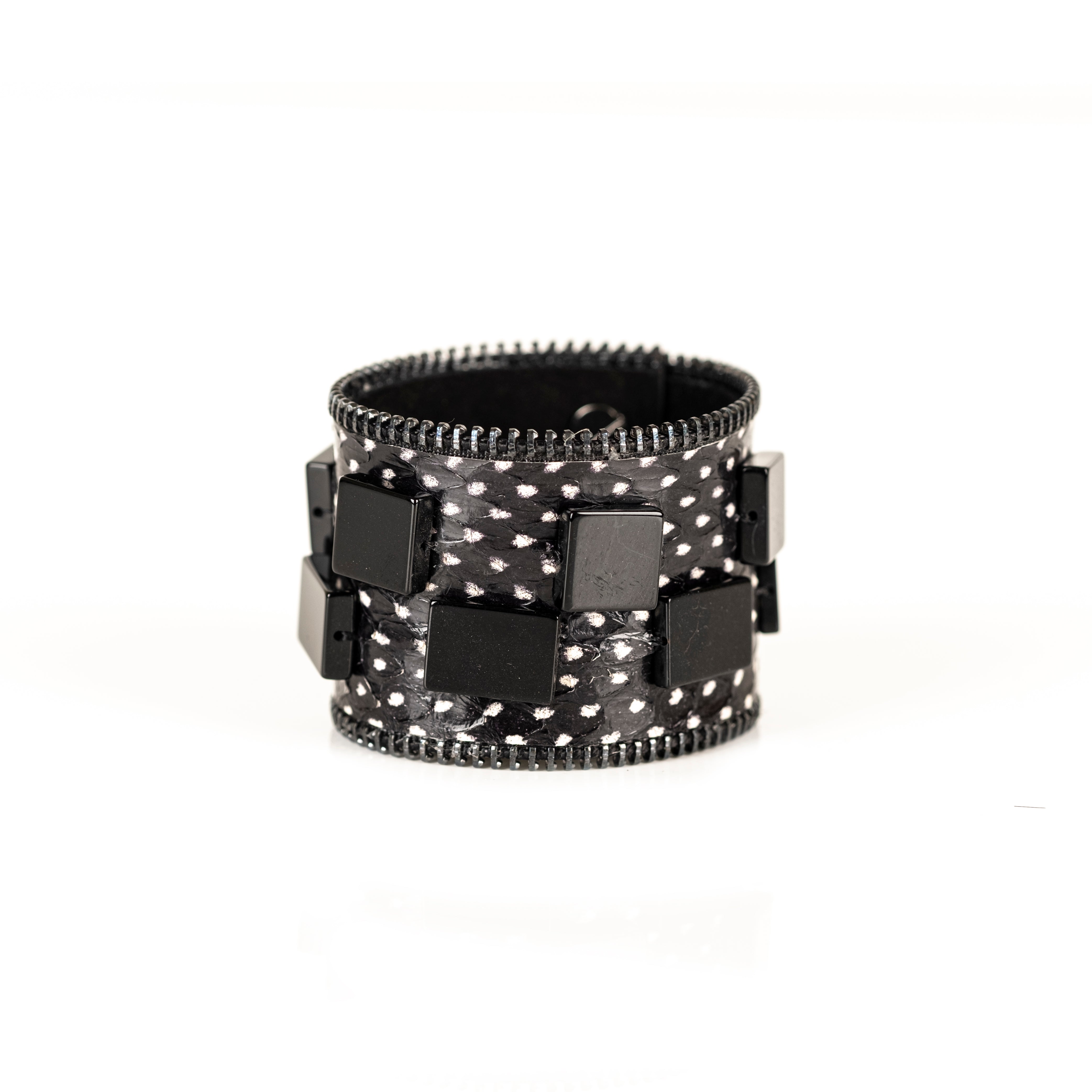 Black stingray leather cuff bracelet with geometric black metal squares, handmade exotic leather bracelet by THE DARK