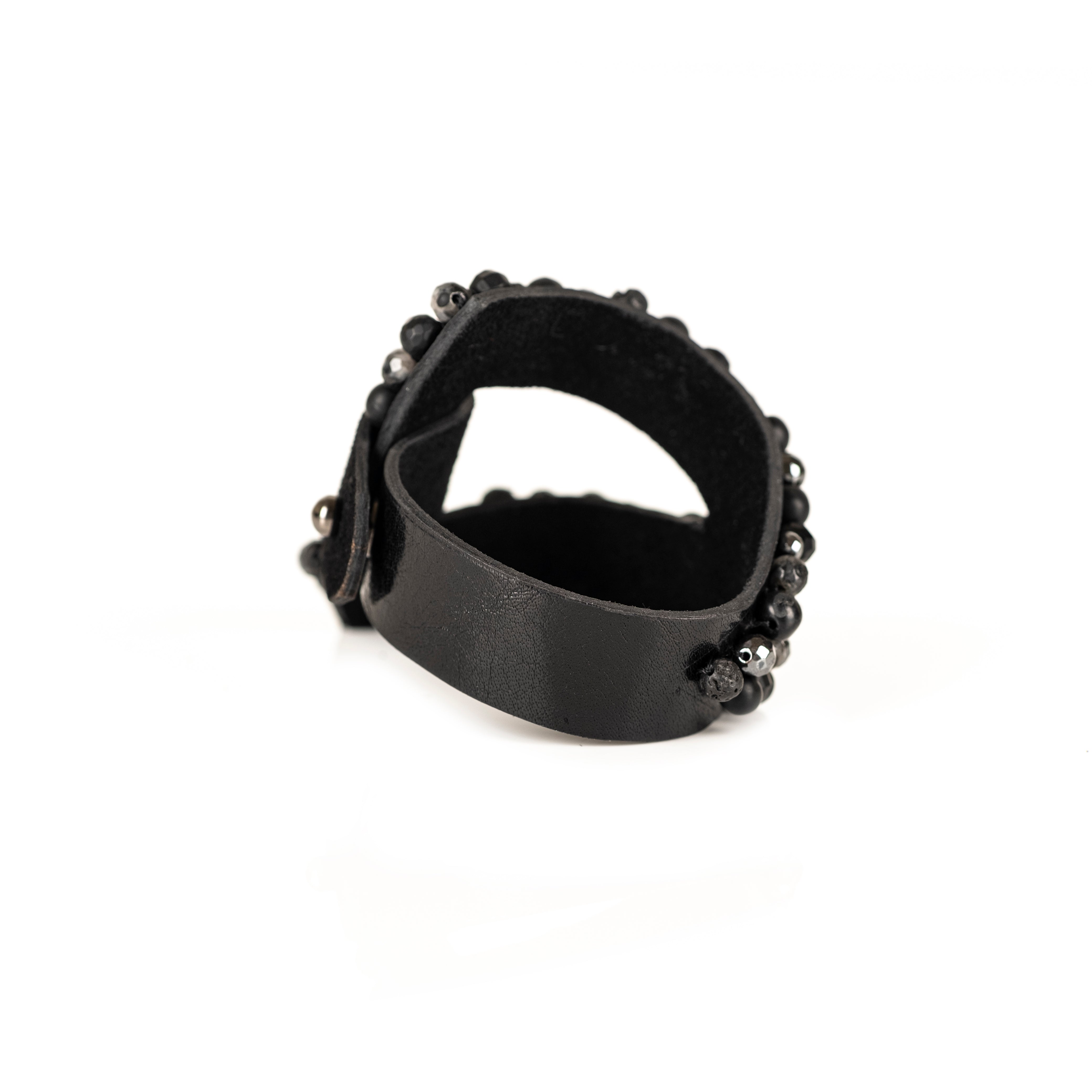 Black leather bracelet with hematite and crystal bead clusters, handmade statement leather bracelet by THE DARK