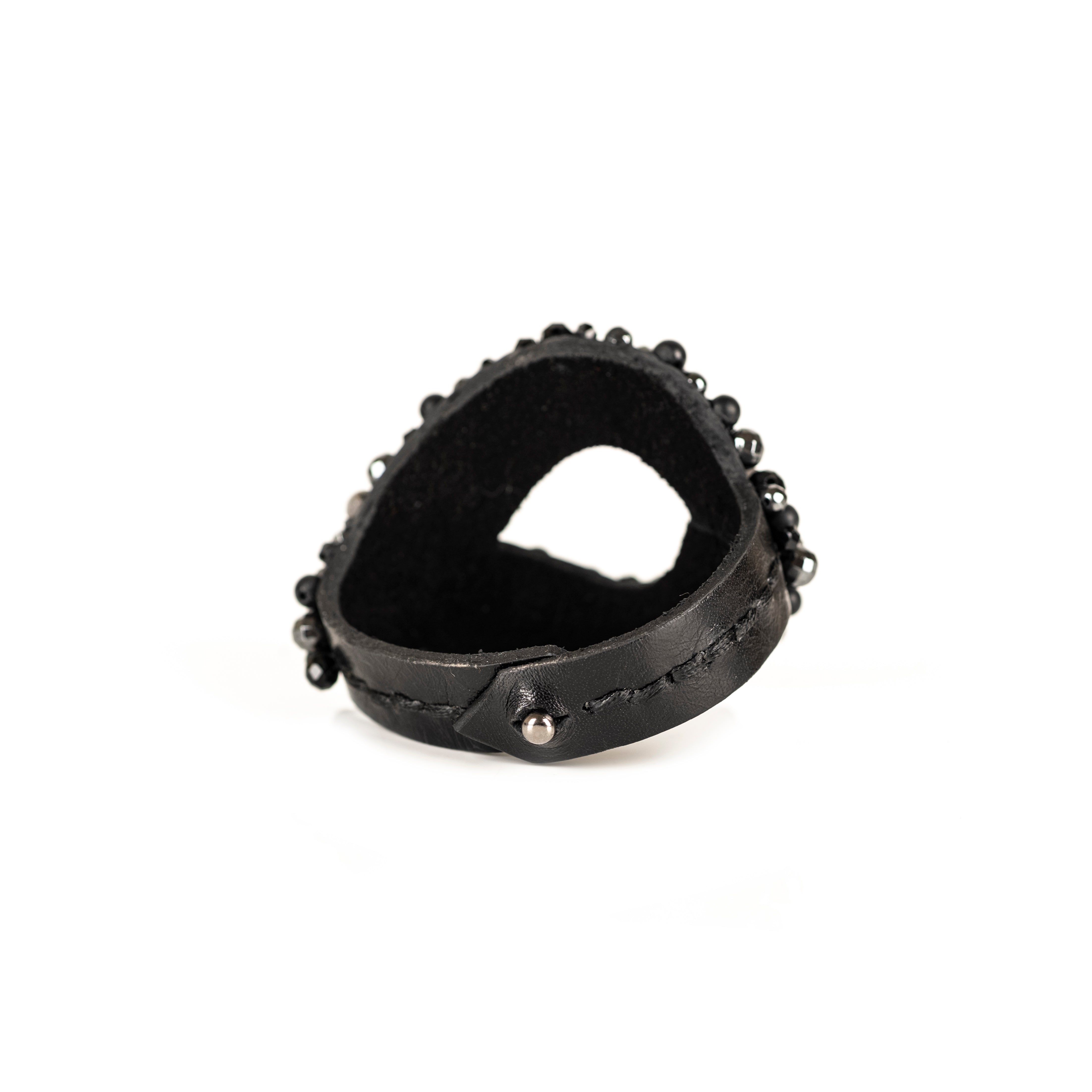 Black leather cuff bracelet with hematite beads and crystal embellishments, handmade statement bracelet by THE DARK