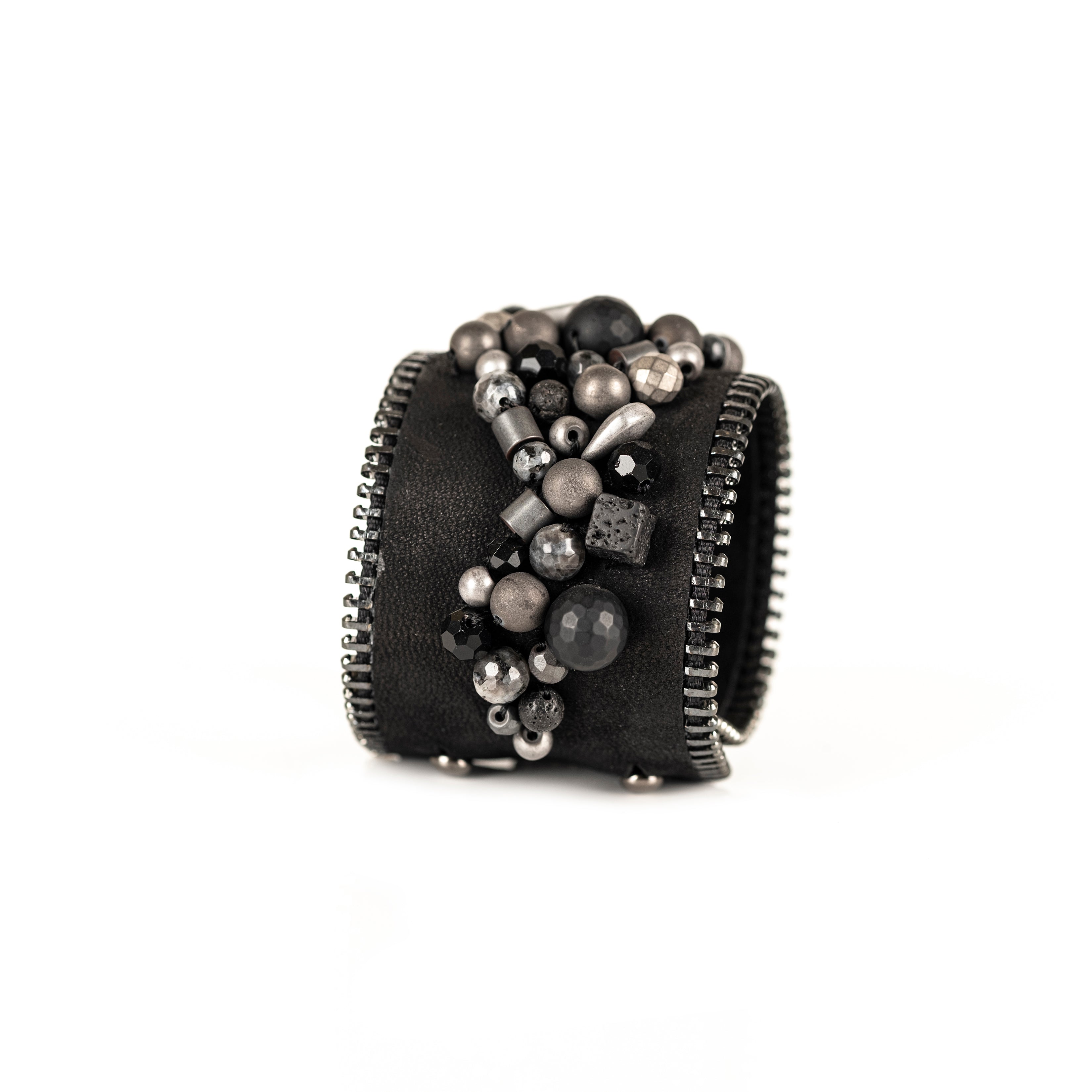 Black leather cuff bracelet with mixed stone cluster and zipper edge detailing, handmade statement bracelet by THE DARK