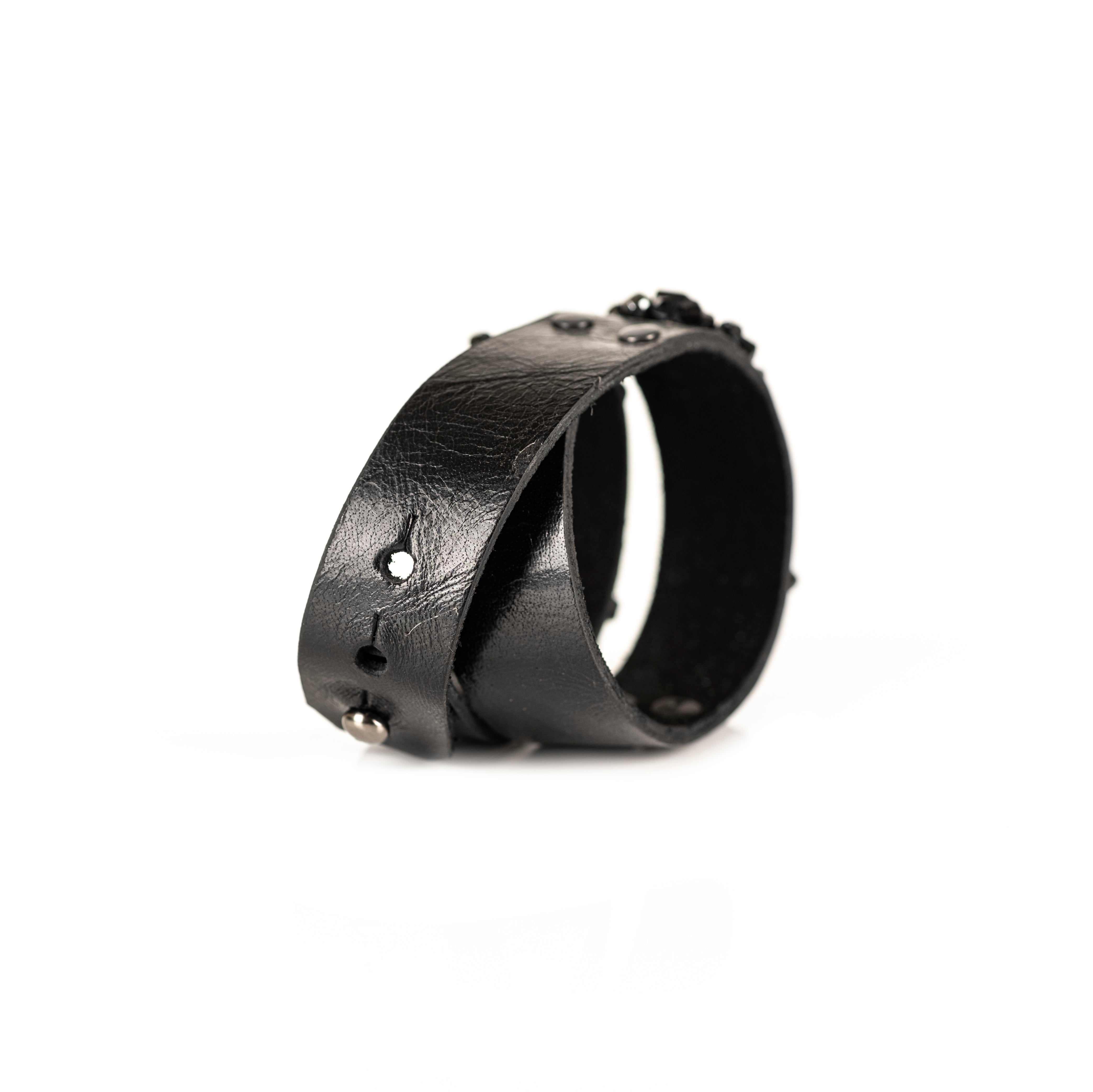 Black leather cuff bracelet with dual crystal panels and faceted black bead cluster, handmade statement bracelet by THE DARK