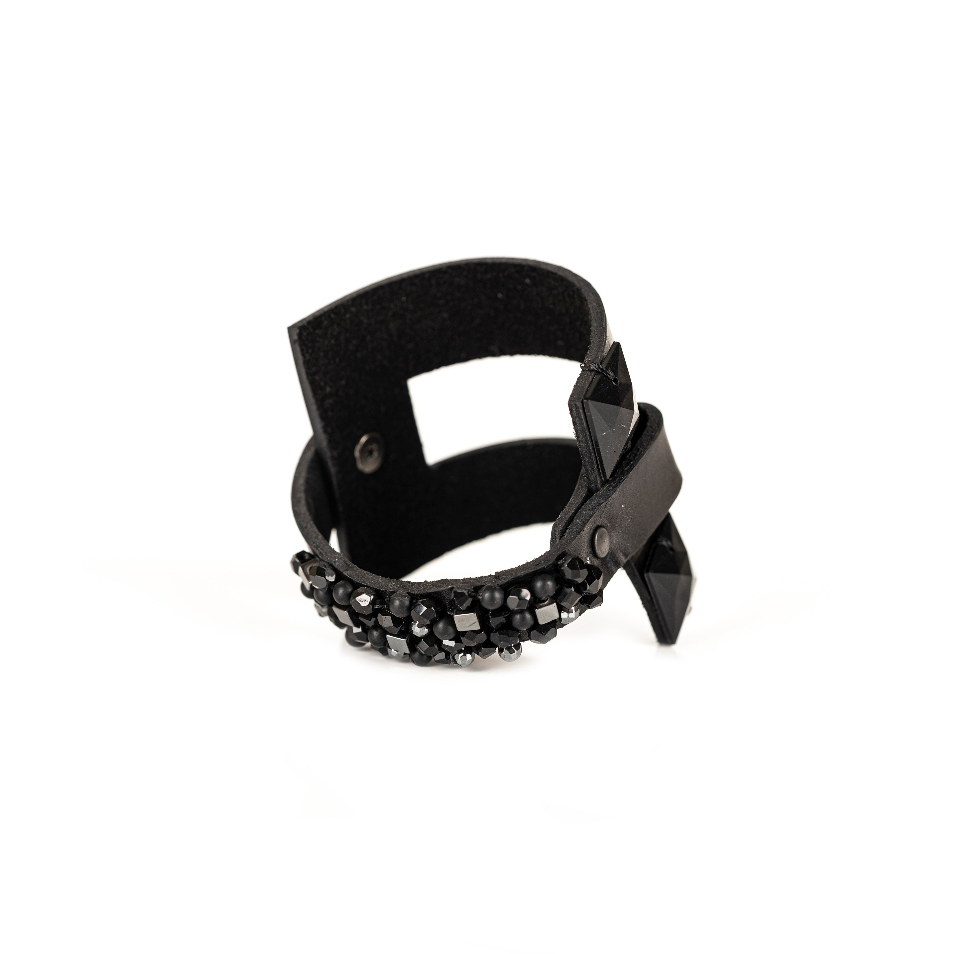 Black leather cuff bracelet with pyramid-cut black crystals and layered leather bands, handmade statement bracelet by THE DARK