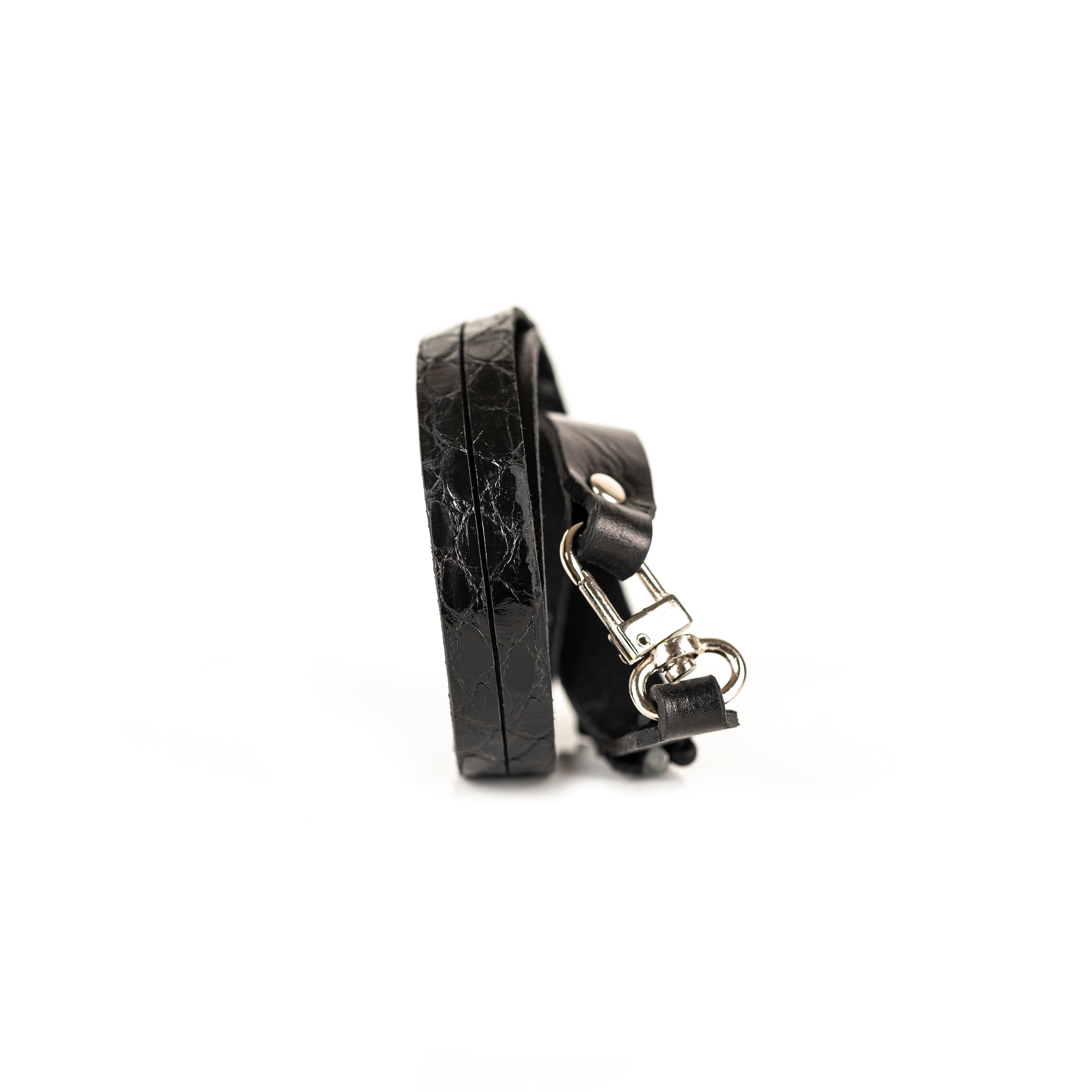 Black leather bracelet with faceted crystal bead band and adjustable leather strap, handmade by THE DARK