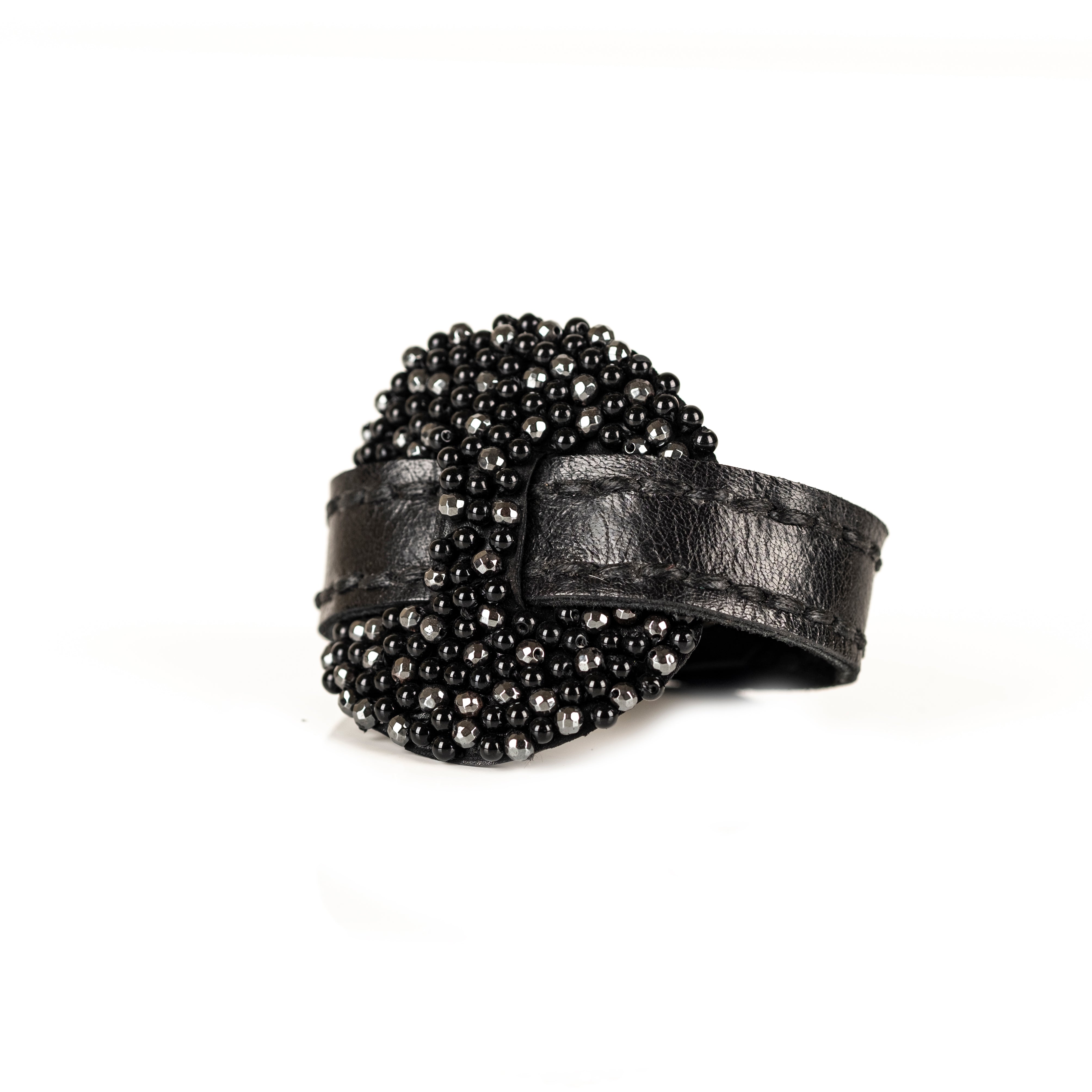 Black leather bracelet with dense cluster of black beads and crystals, handmade statement bracelet by THE DARK