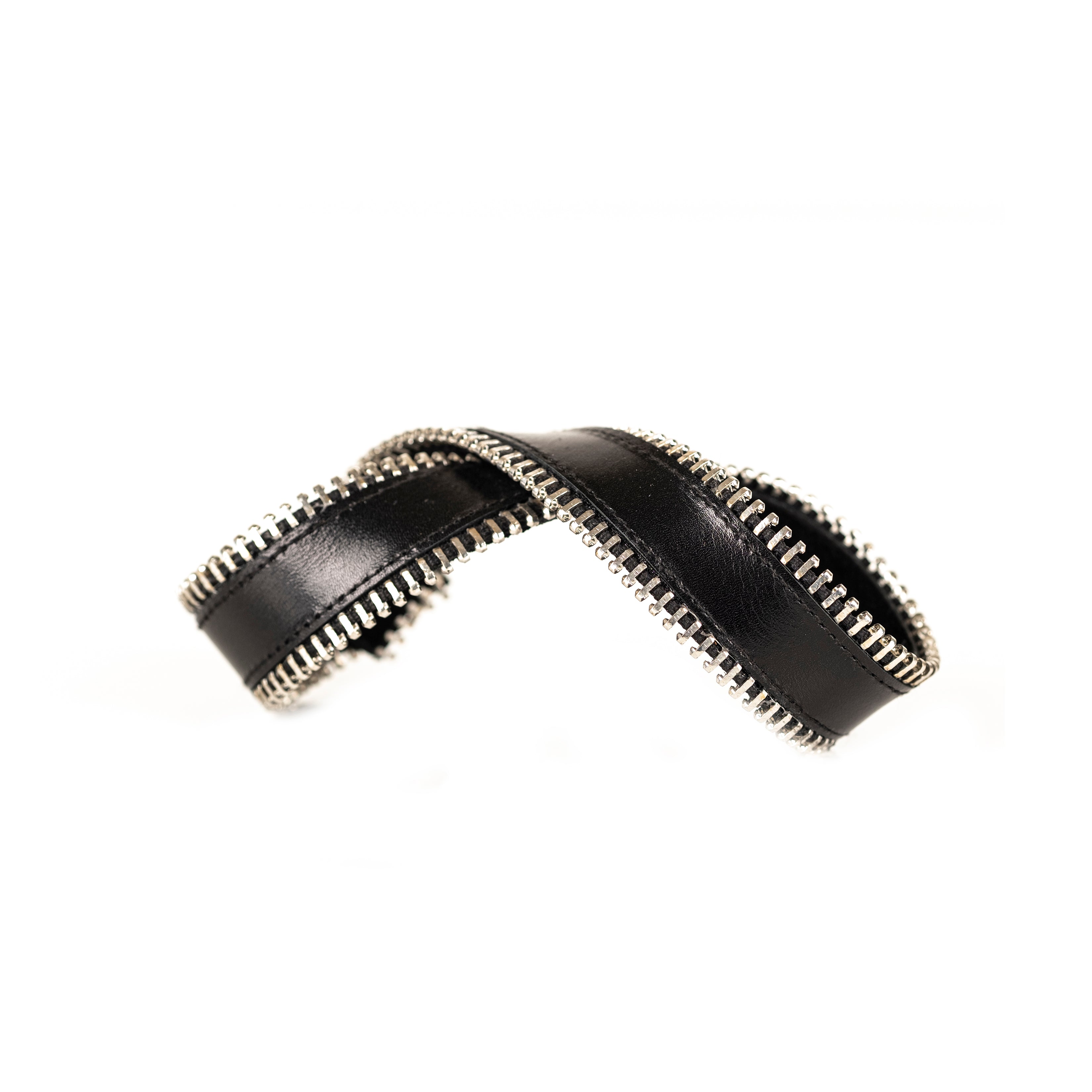 Black leather bracelet with double silver zipper edges, handmade industrial leather cuff bracelet by THE DARK