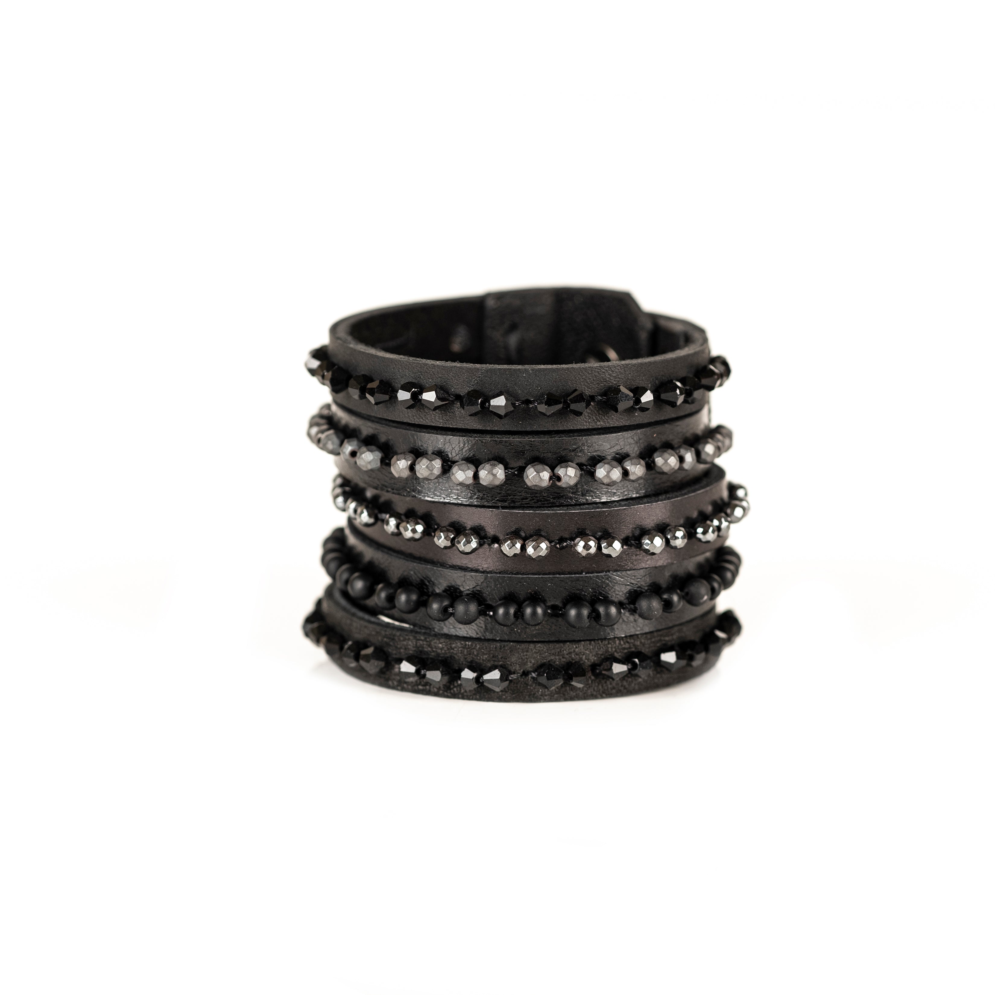 Black leather cuff bracelet with layered hematite and black crystal bead rows, handmade statement bracelet by THE DARK