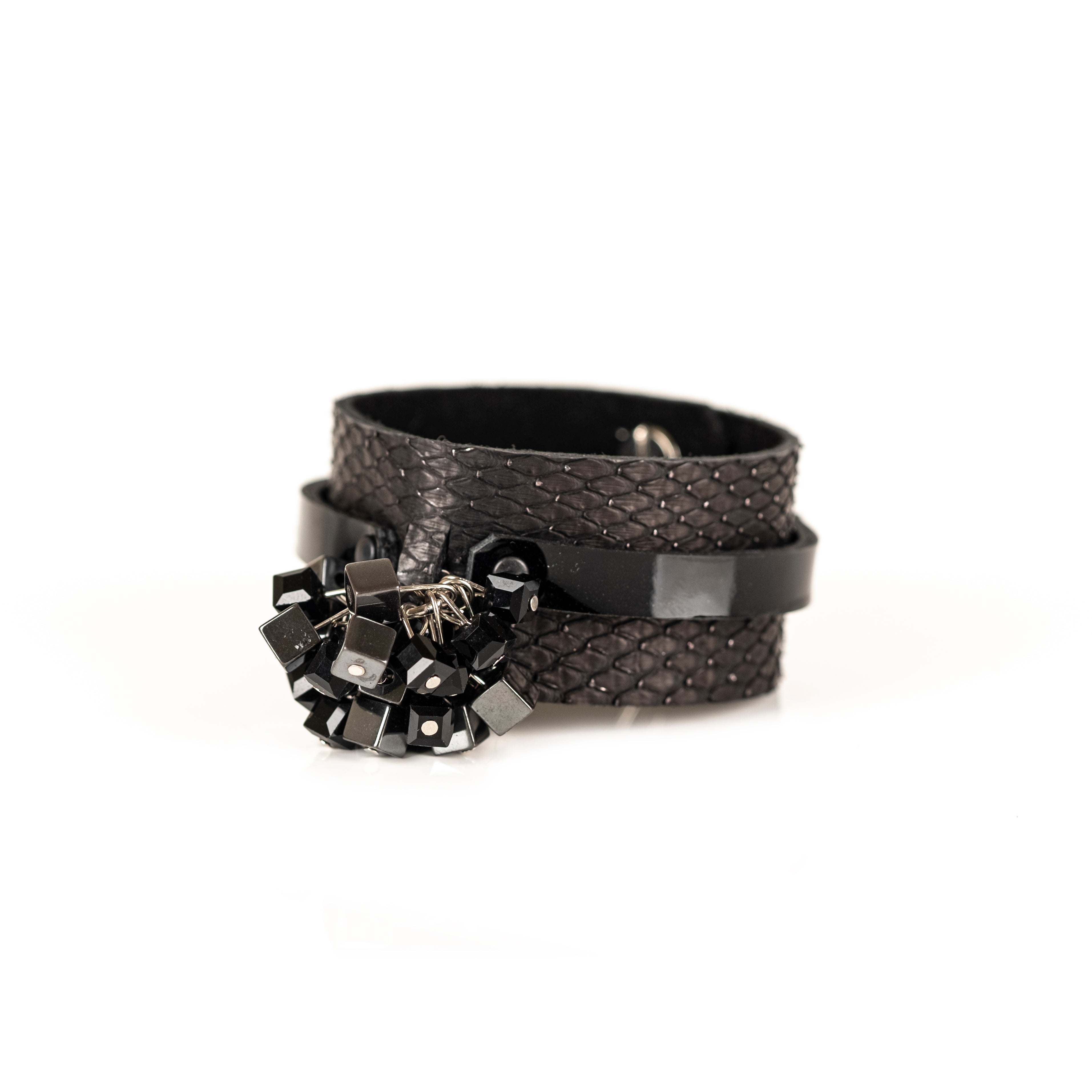 Black python leather cuff bracelet with geometric cube crystals and glossy leather band, handmade statement bracelet by THE DARK