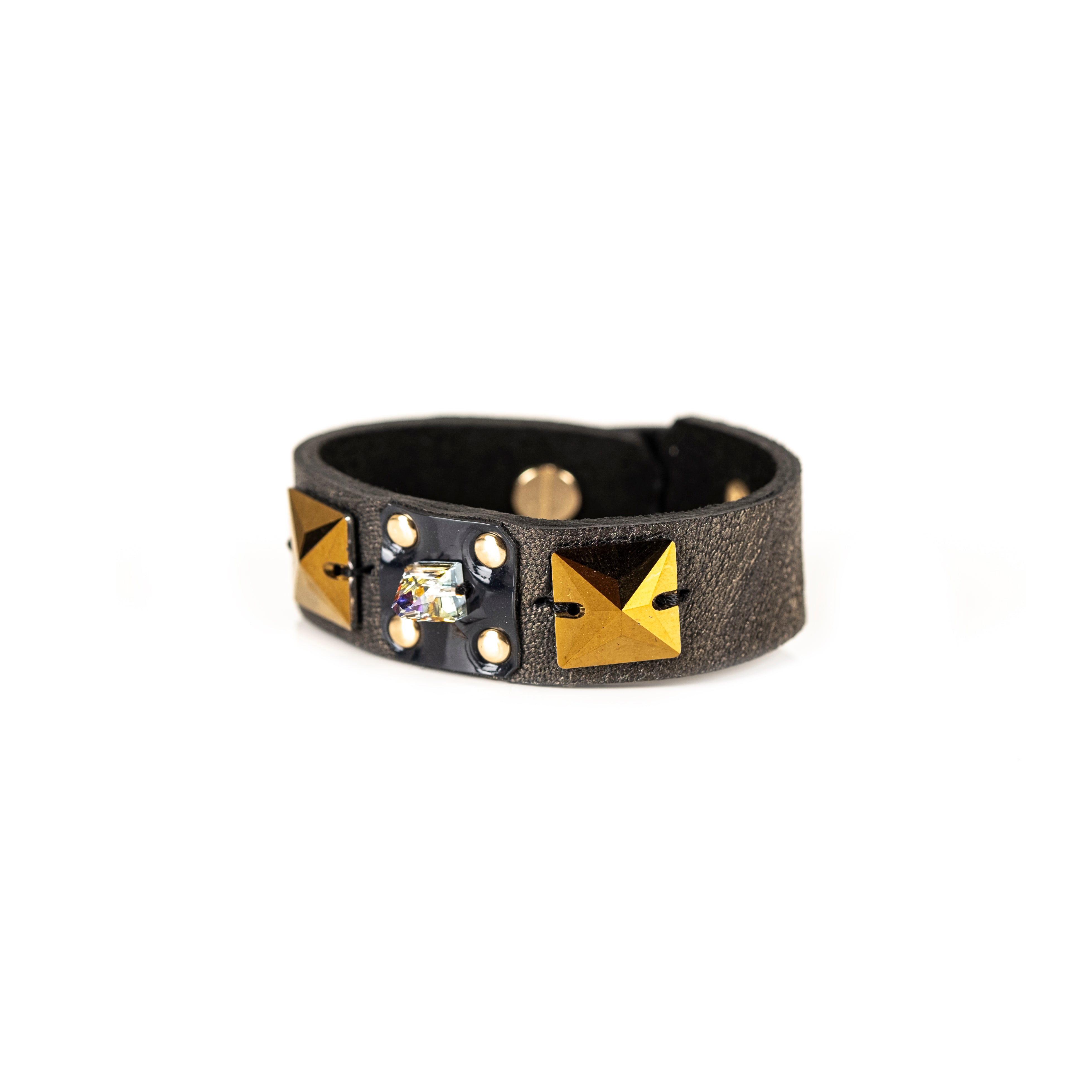 Black leather bracelet with gold pyramid studs and crystal centerpiece, handmade statement bracelet by THE DARK