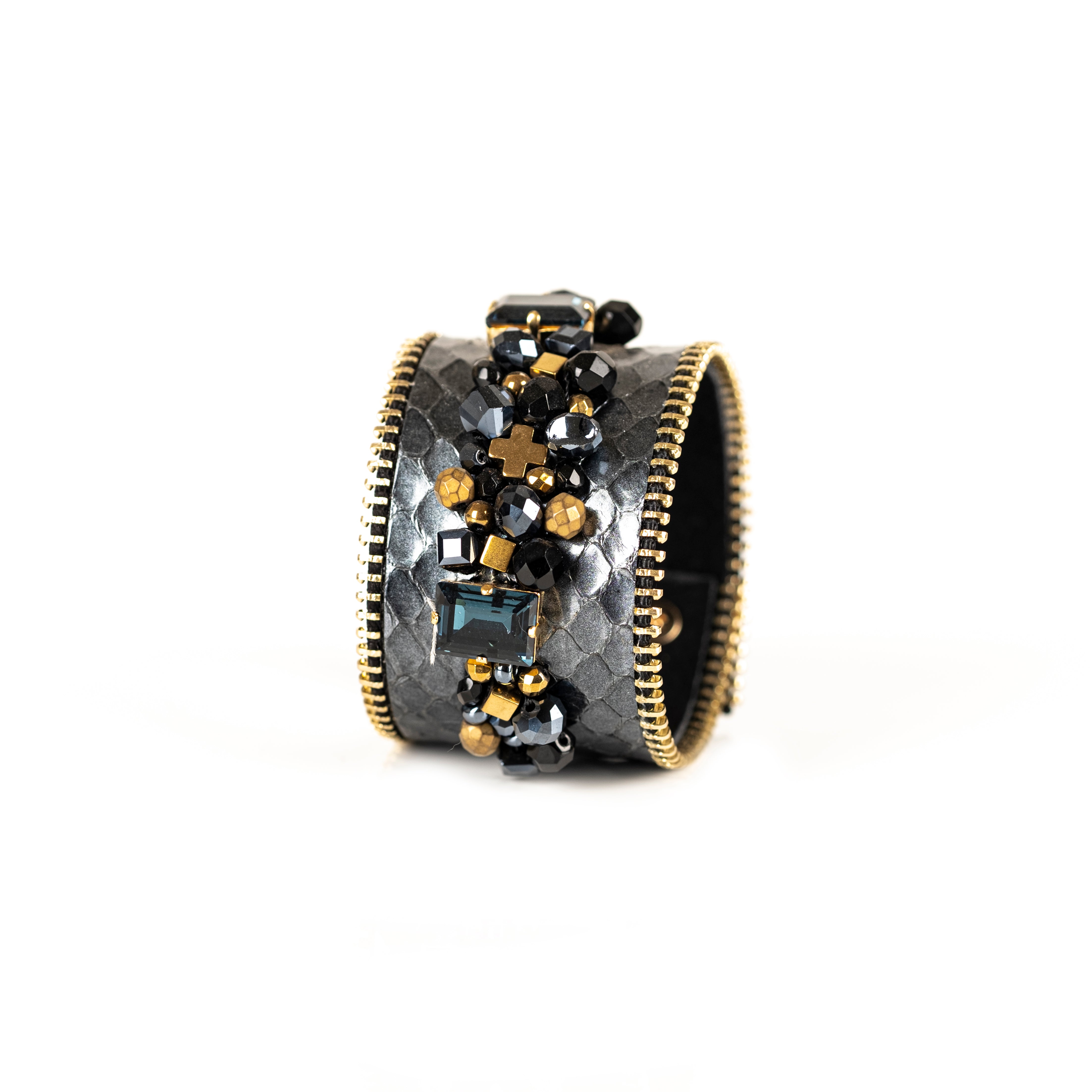 Grey python leather cuff bracelet with crystal and black gold bead embellishment and zipper edges, handmade statement cuff by THE DARK