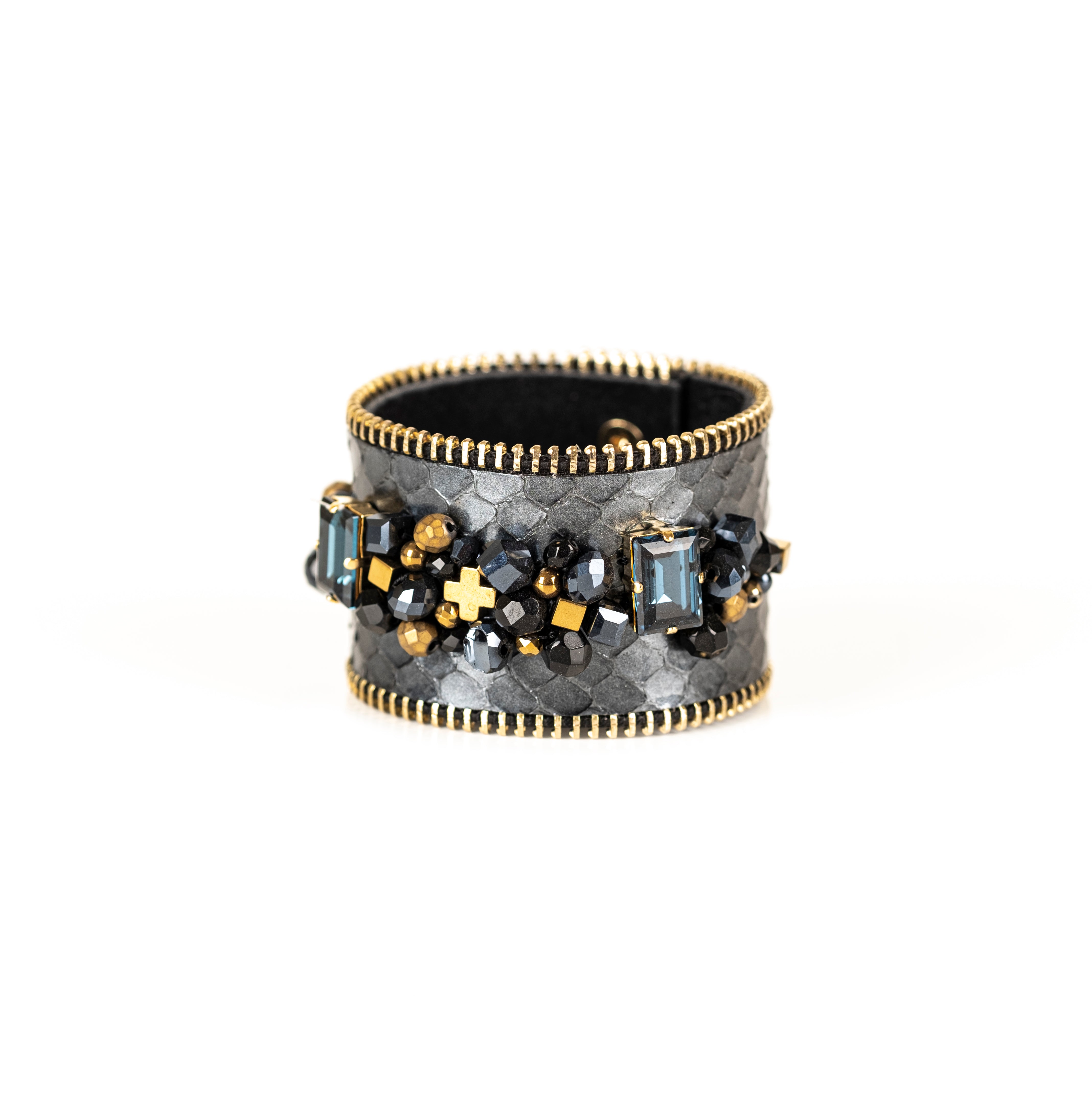 Grey python leather cuff bracelet with crystal and black gold bead embellishment and zipper edges, handmade statement cuff by THE DARK