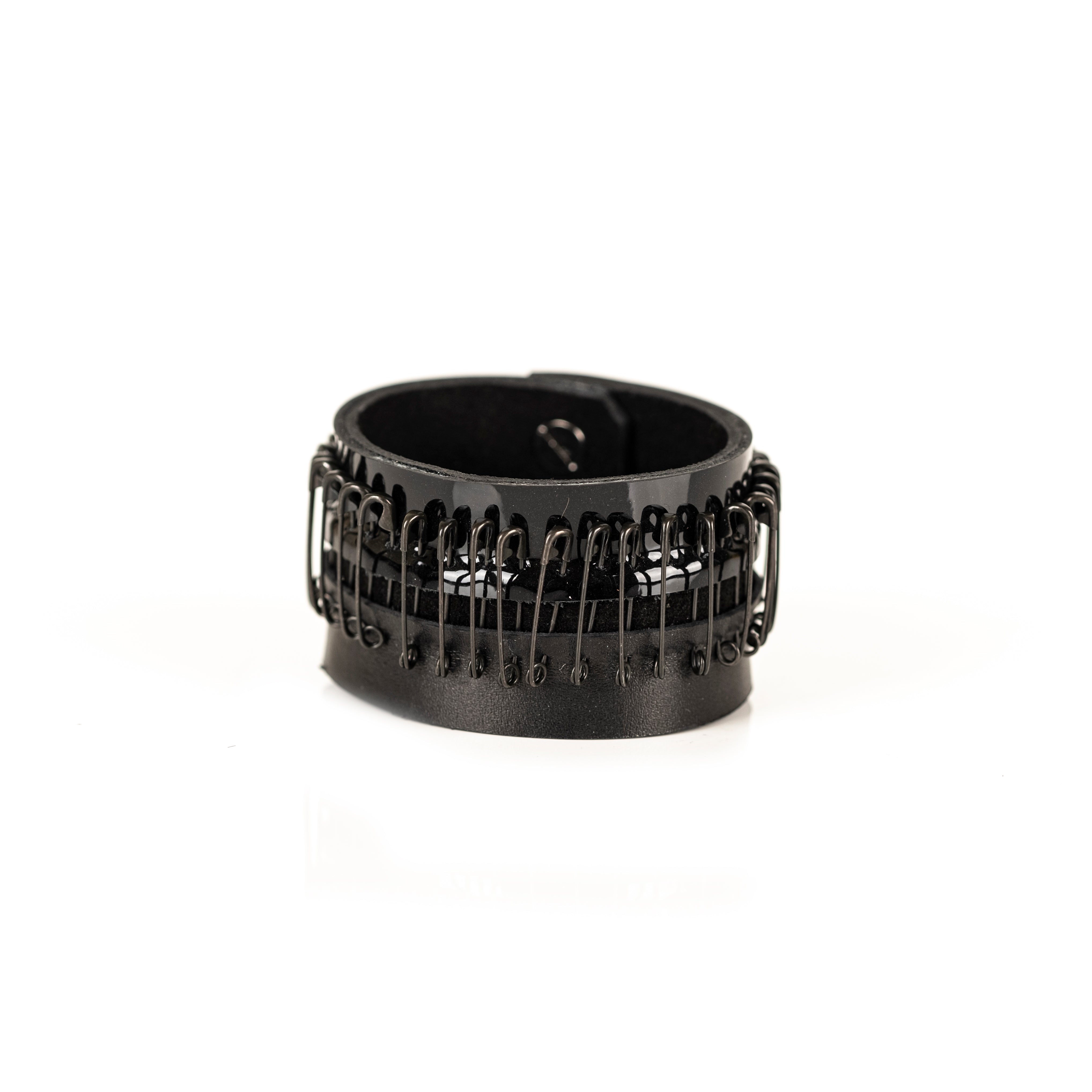Black leather bracelet with industrial metal wire cage design, handmade avant-garde cuff by THE DARK