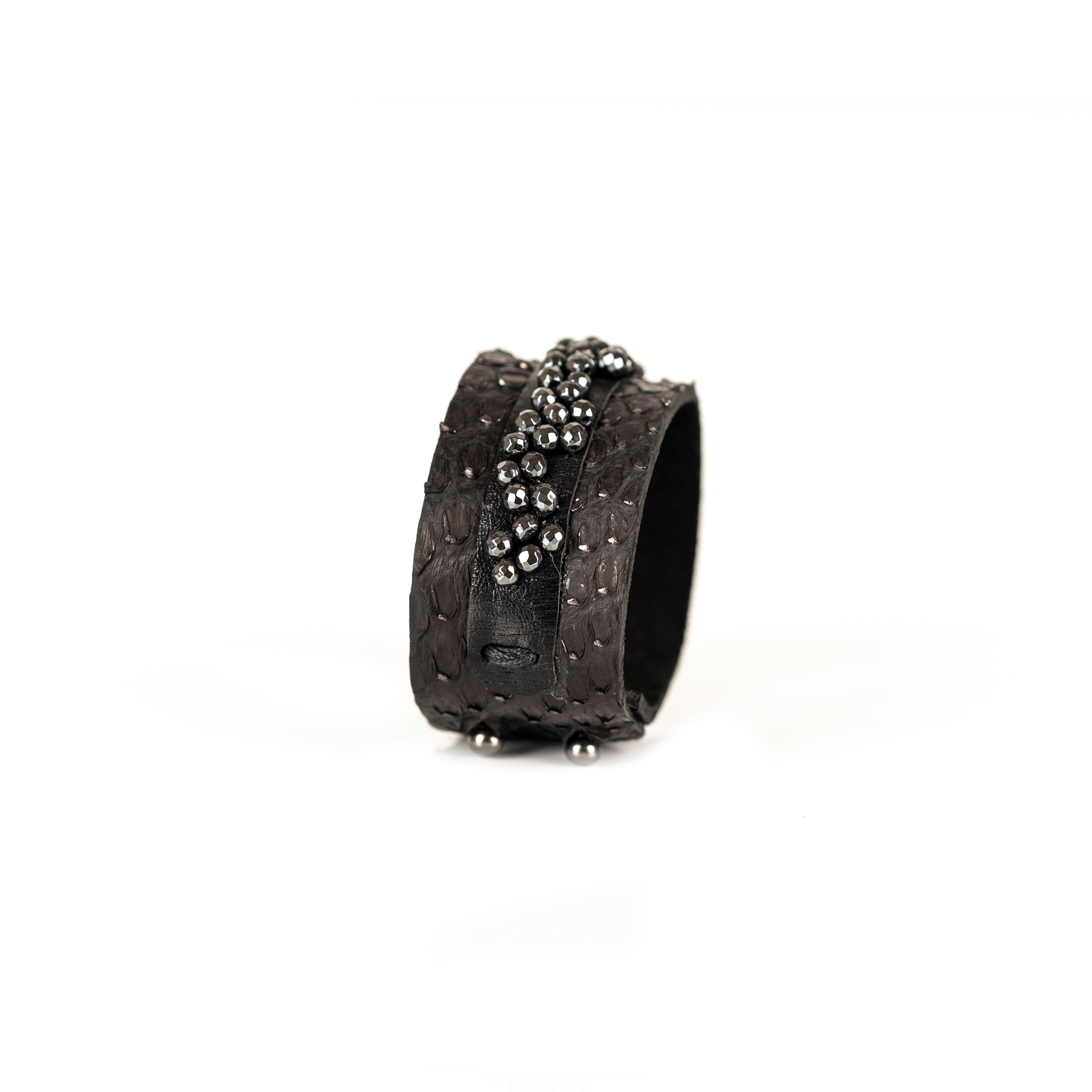 Black python texture leather bracelet with metallic bead strands, handmade statement cuff by THE DARK