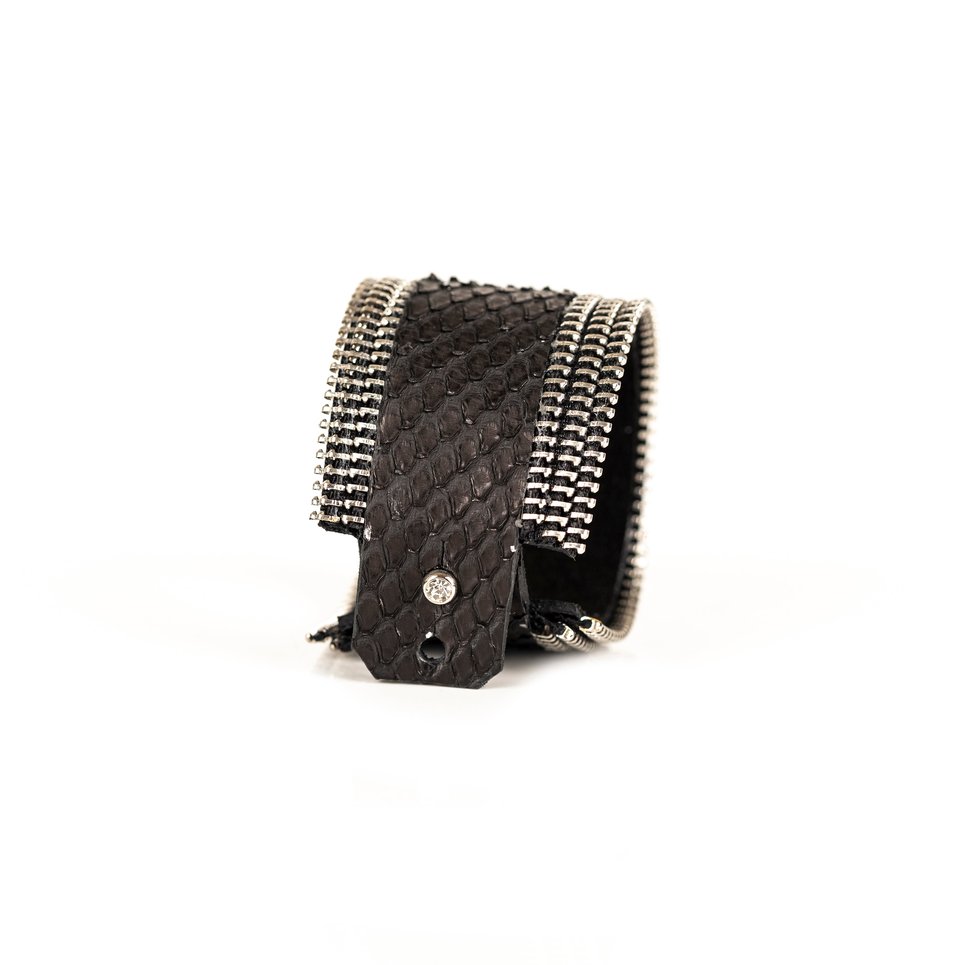 Black python leather cuff bracelet with metallic zipper edges, handmade exotic statement bracelet by THE DARK
