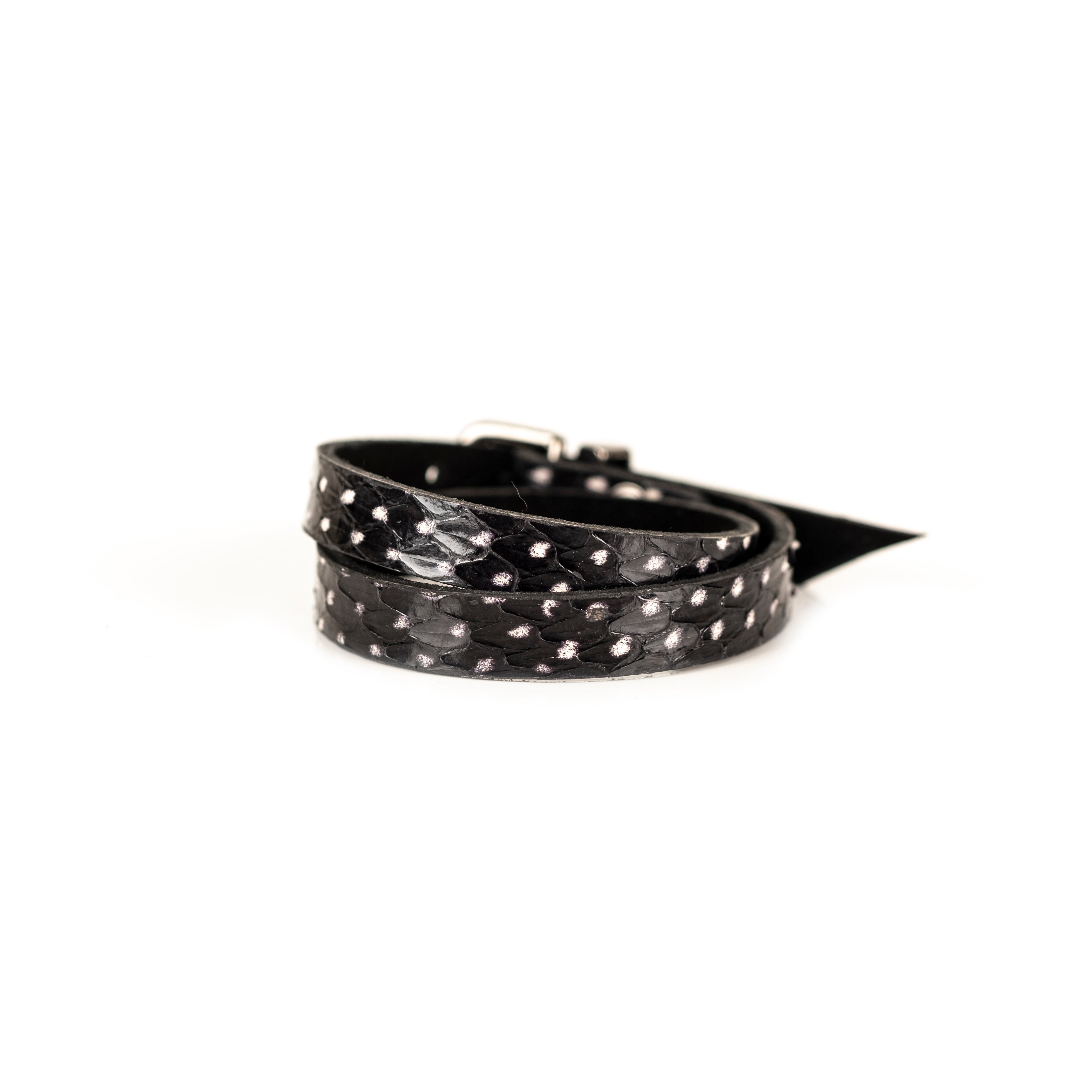 Black stingray leather double wrap bracelet with natural pearl texture, handmade exotic leather bracelet by THE DARK