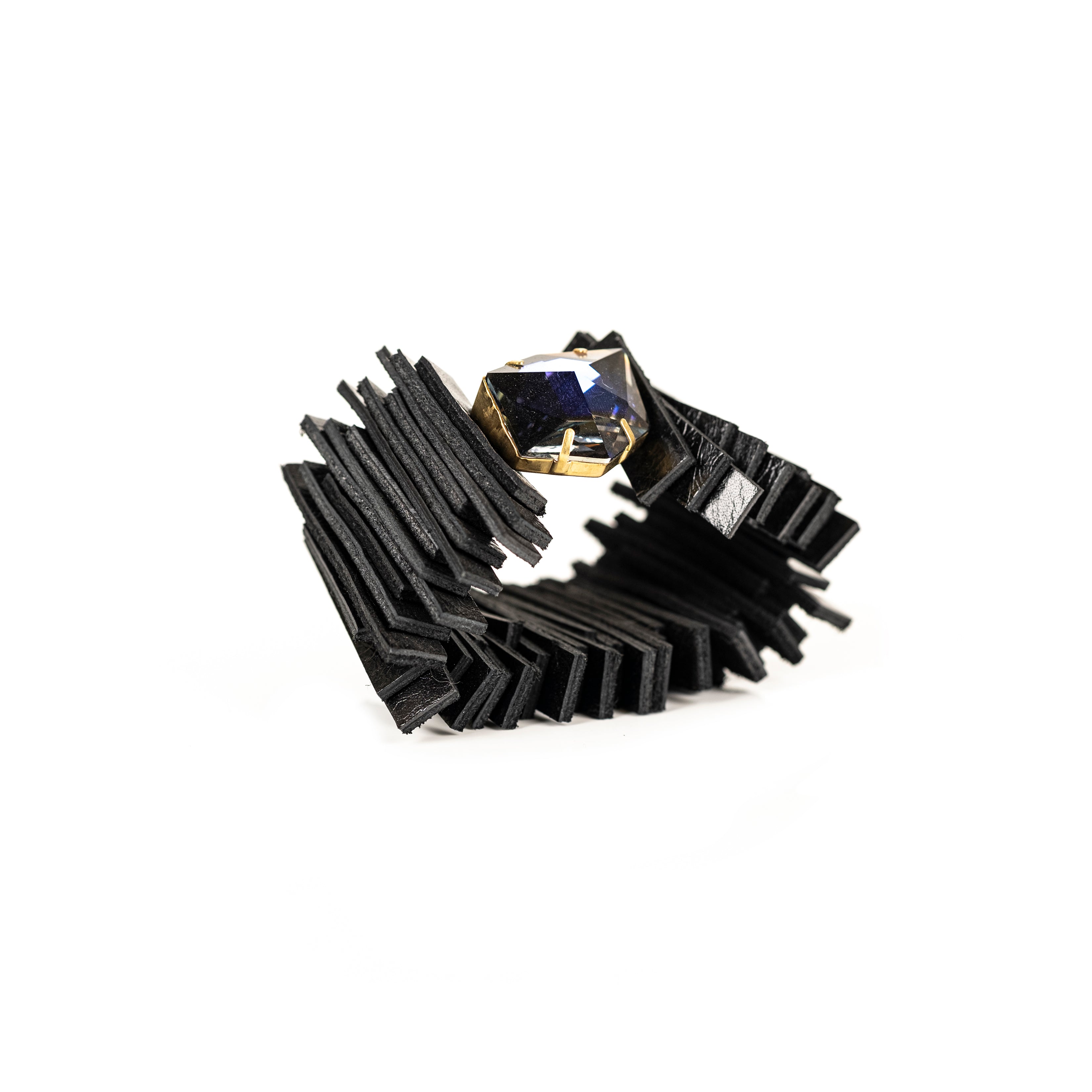 Black fringe leather bracelet with faceted crystal prism centerpiece, sculptural handmade statement cuff by THE DARK