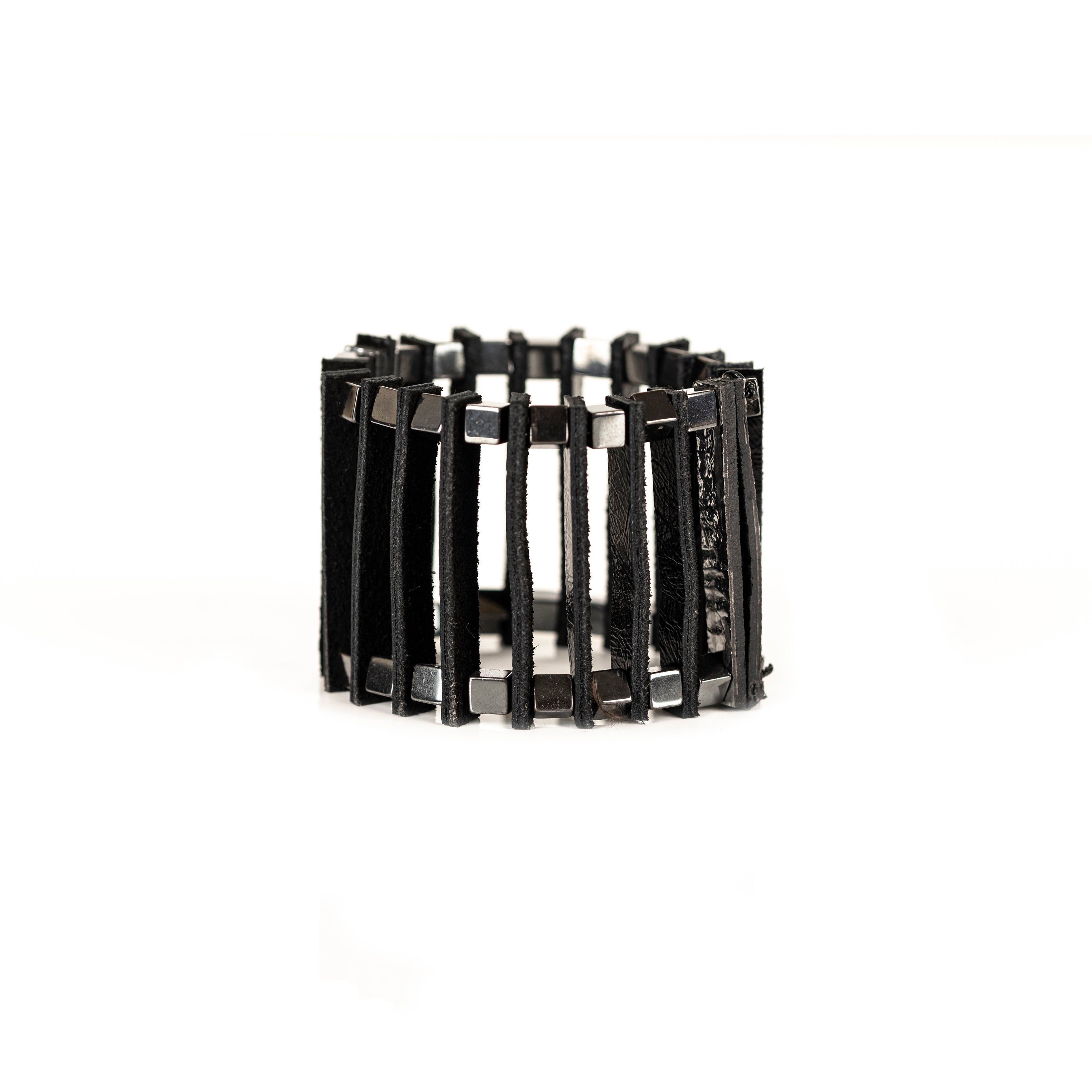 Black leather cage bracelet with vertical leather strips and metal frame structure, handmade architectural cuff by THE DARK