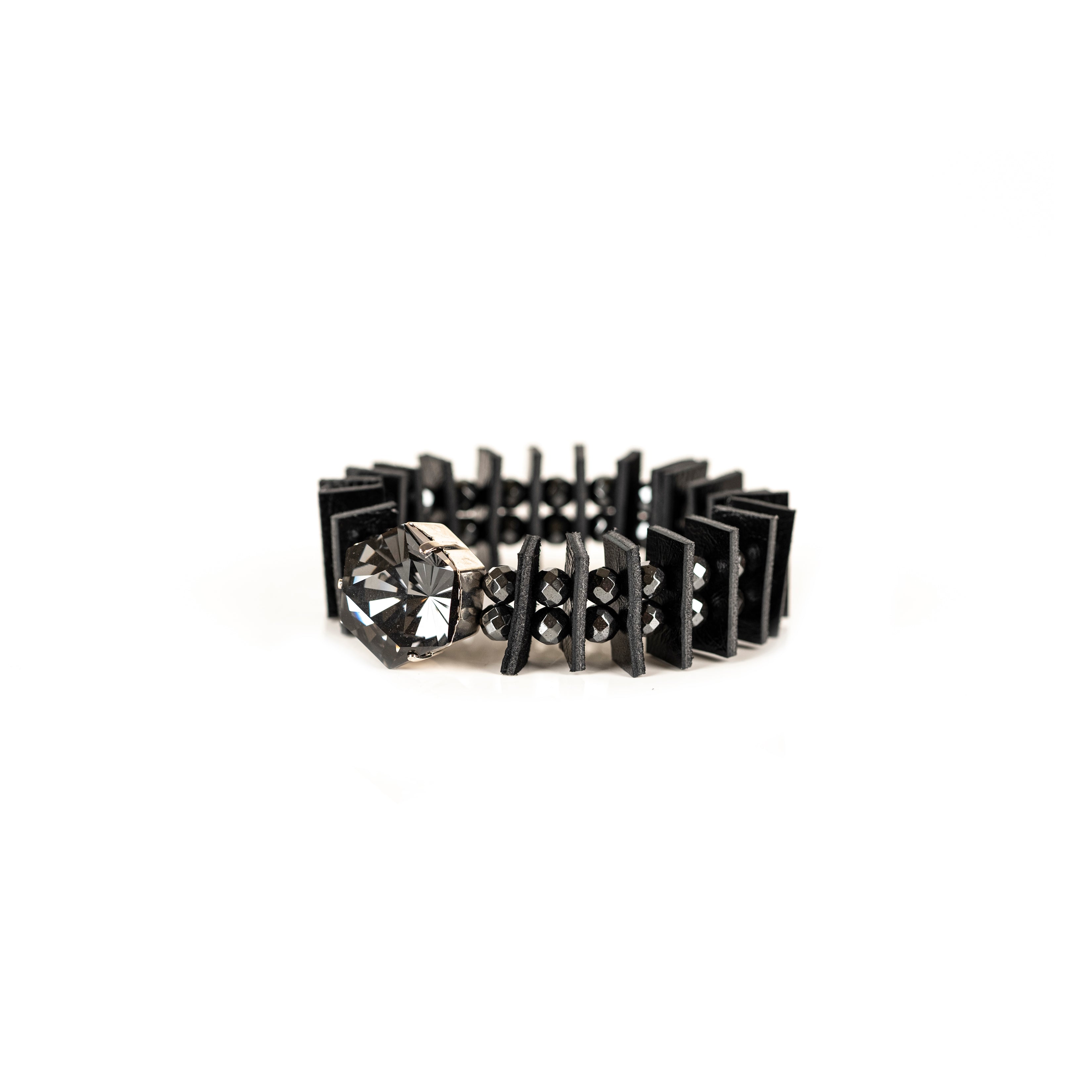 Black geometric leather bracelet with faceted crystal centerpiece, handmade avant-garde leather bracelet by THE DARK