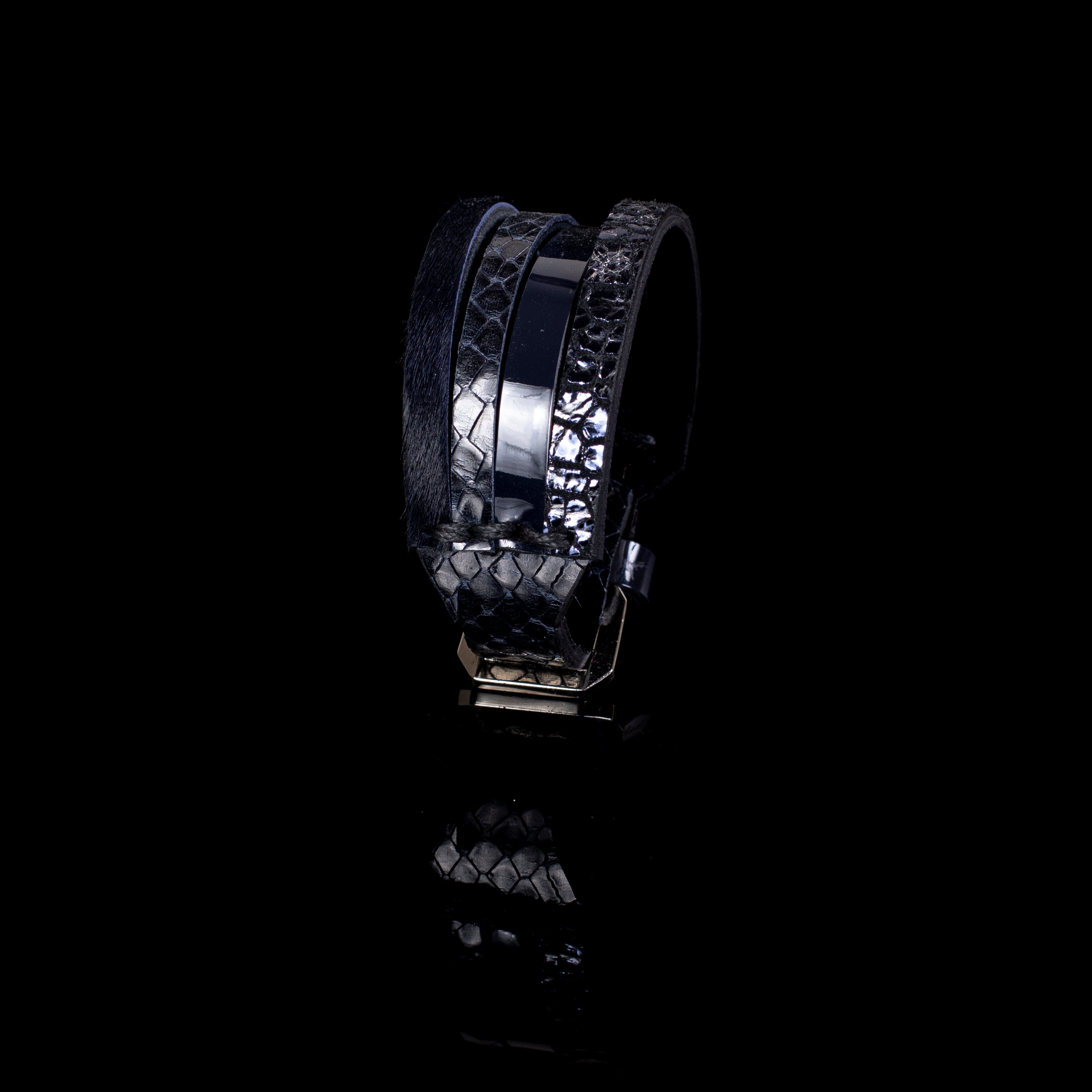 Black leather layered wrap bracelet with python textured strap, glossy band and multi-finish design, handcrafted statement bracelet for women by THE DARK
