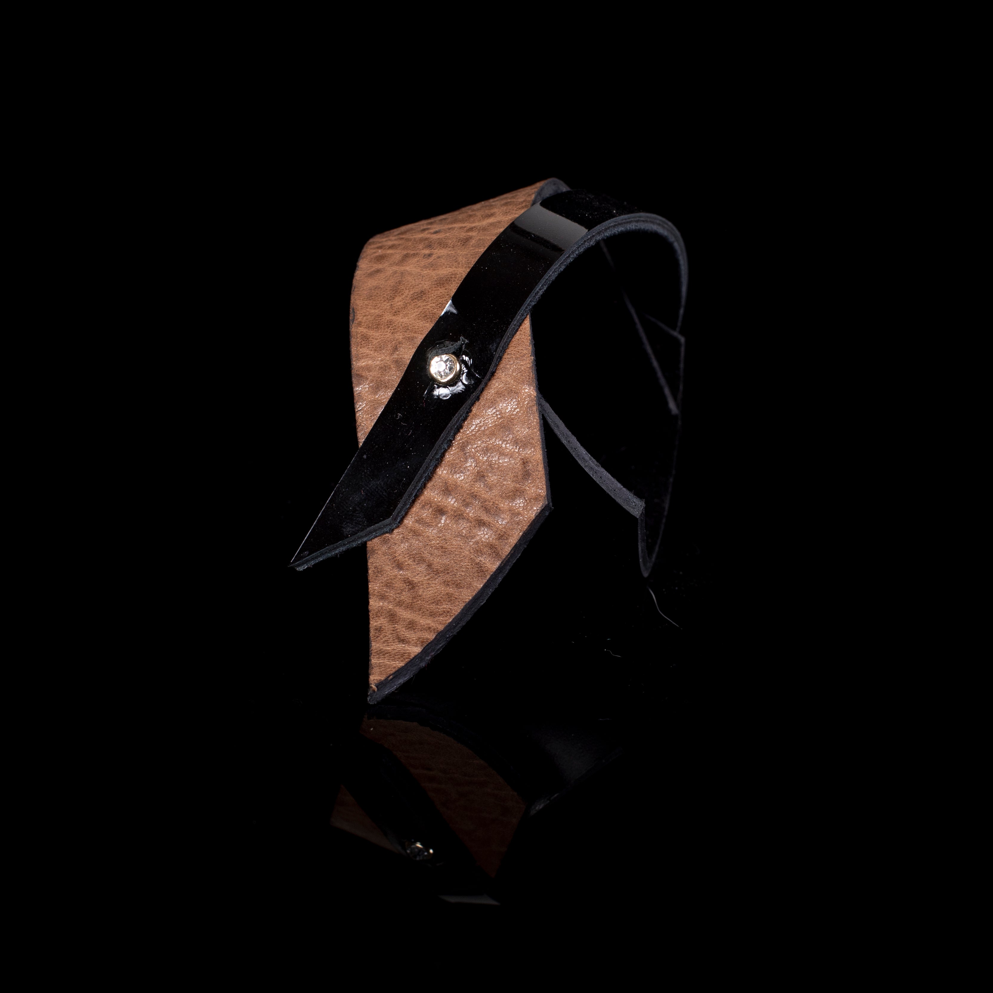 Black and brown leather cuff bracelet with layered pointed flaps, edgy asymmetrical statement bracelet for women