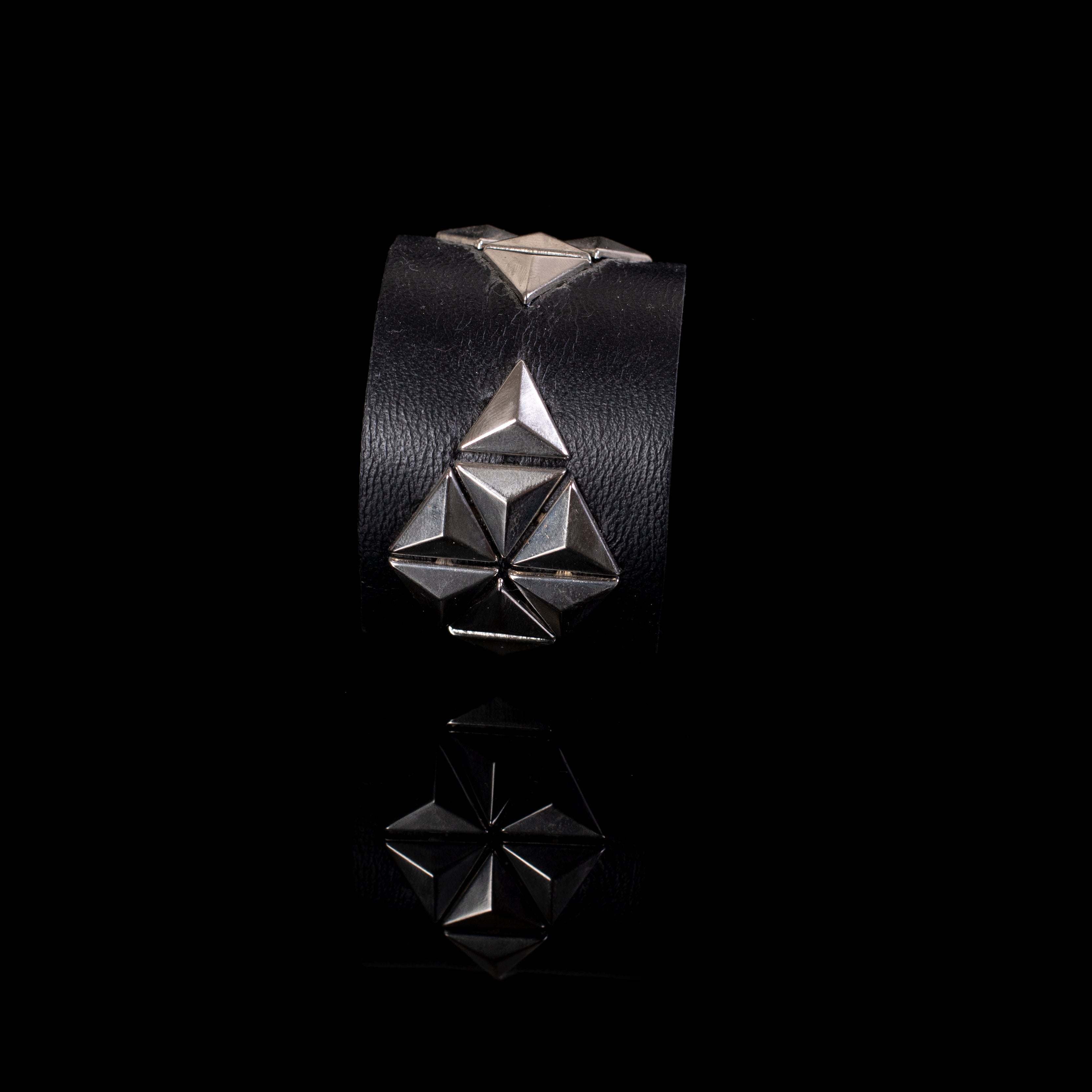 Black leather cuff bracelet with silver pyramid studs cluster, wide geometric statement bracelet for women